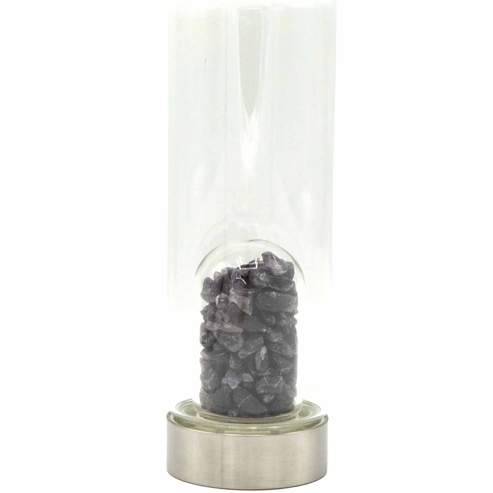 Amethyst crystal water bottle with stainless steel cap, gemstone chip chamber, neoprene sleeve, and gift box. 500ml BPA-free bottle for calm and clarity.

