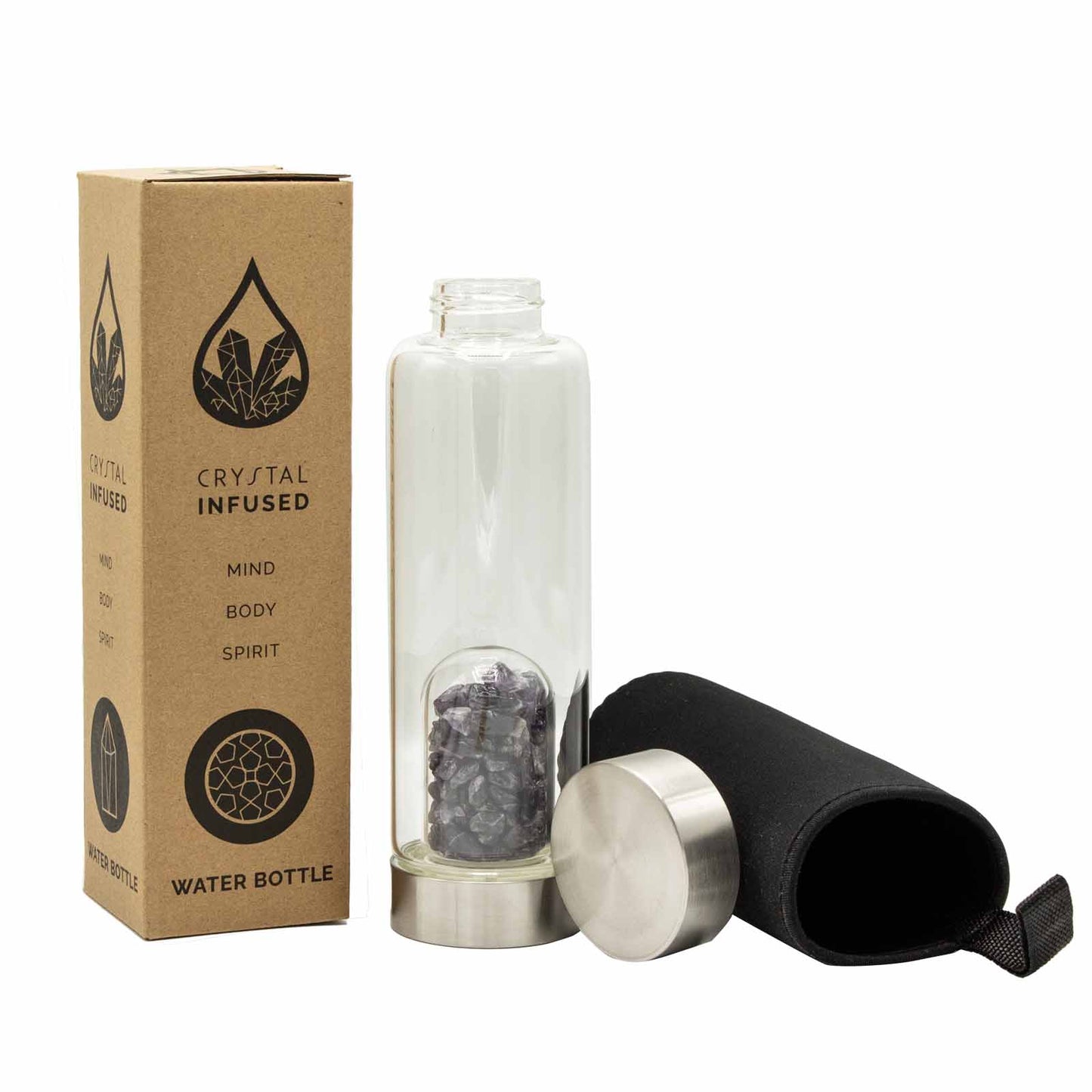Amethyst crystal water bottle with stainless steel cap, gemstone chip chamber, neoprene sleeve, and gift box. 500ml BPA-free bottle for calm and clarity.

