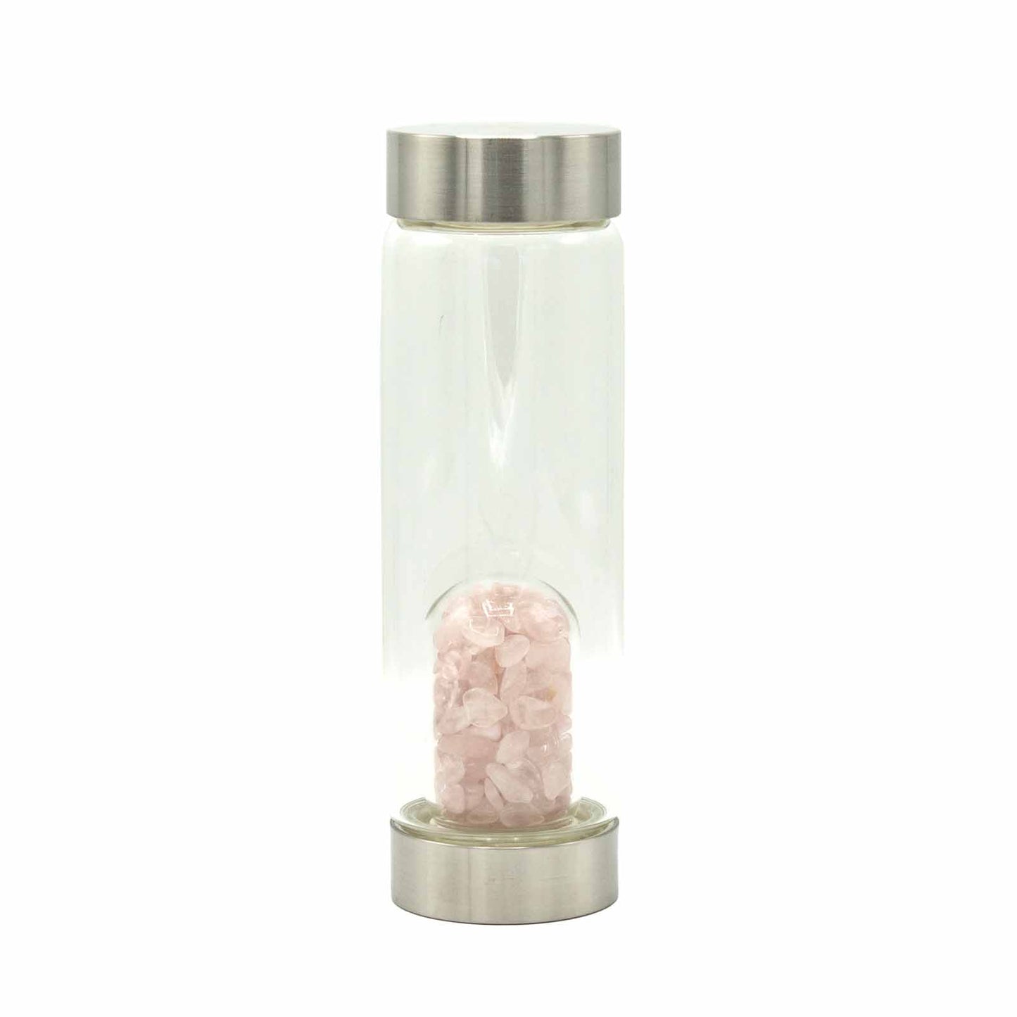 Glass crystal water bottle with rose quartz chips, stainless steel lid, neoprene sleeve, and gift box. 500ml BPA-free. Ideal for self-love and emotional healing.

