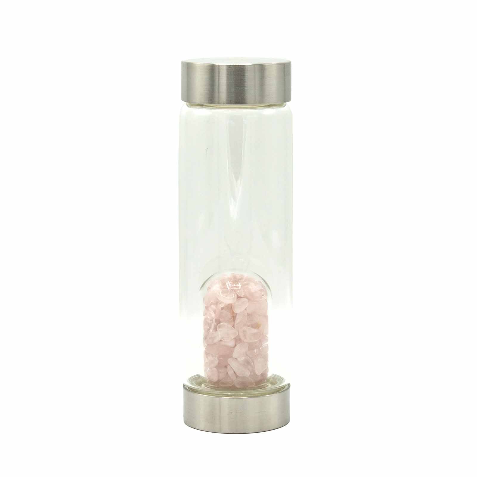 Glass crystal water bottle with rose quartz chips, stainless steel lid, neoprene sleeve, and gift box. 500ml BPA-free. Ideal for self-love and emotional healing.

