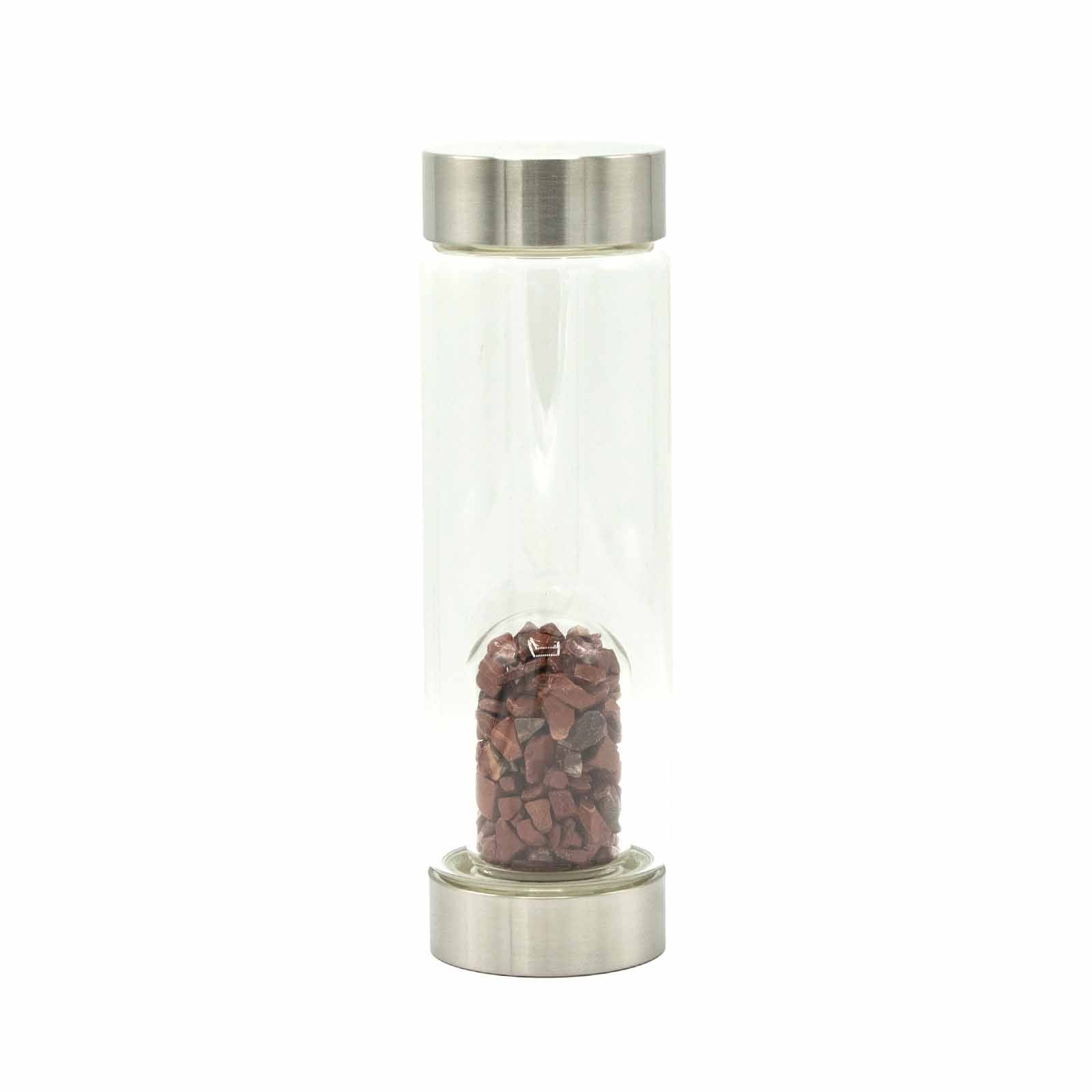 Crystal infused glass bottle with stainless steel lid, red jasper chips, neoprene sleeve, and gift box. 500ml BPA-free bottle for grounding and energy support.

