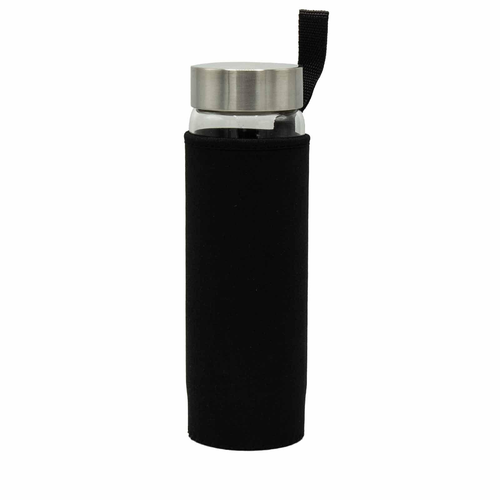 Crystal infused glass bottle with stainless steel lid, red jasper chips, neoprene sleeve, and gift box. 500ml BPA-free bottle for grounding and energy support.

