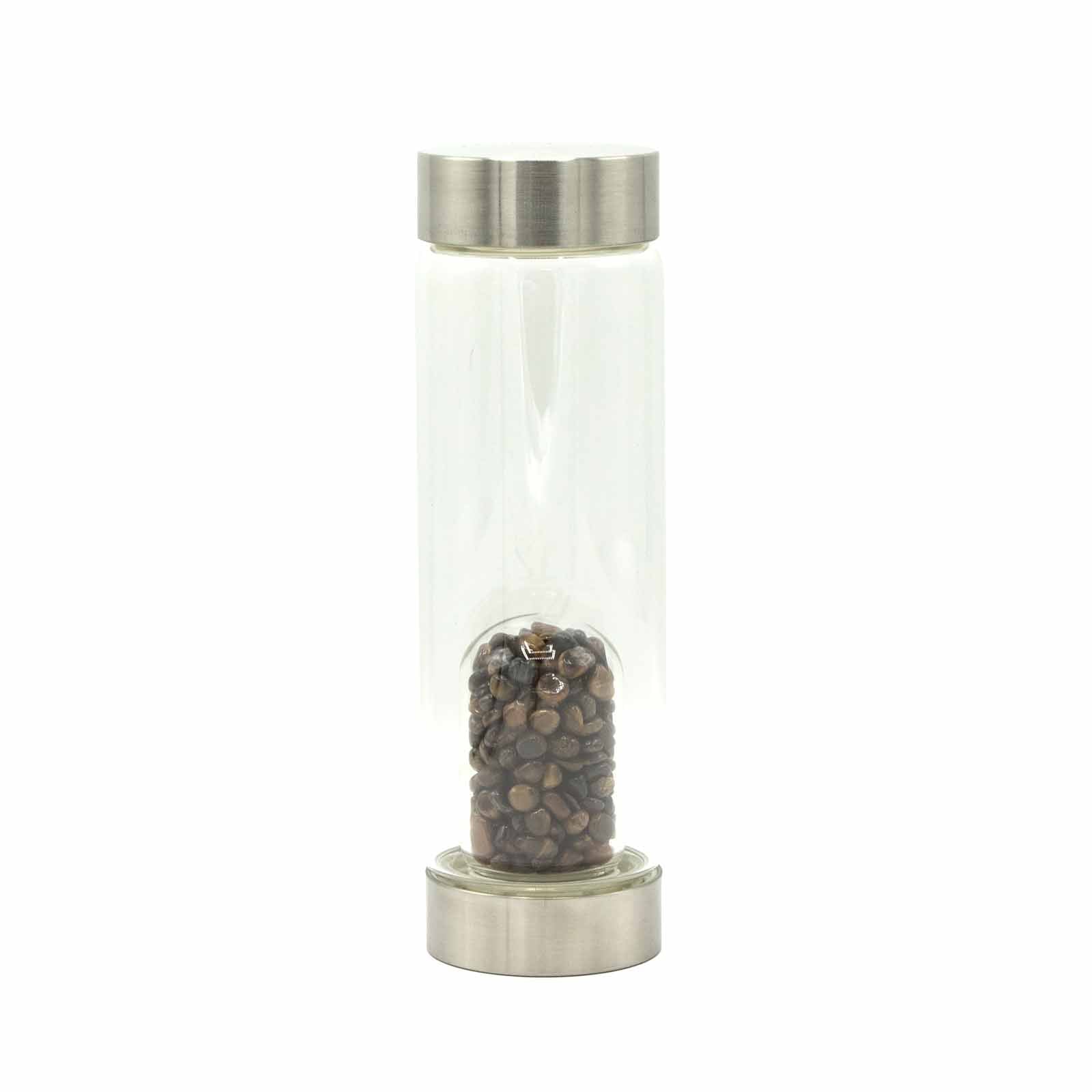 Crystal infused glass bottle with stainless steel cap and tiger’s eye crystal chips, includes neoprene sleeve and eco gift box. 500ml BPA-free spiritual water bottle.

