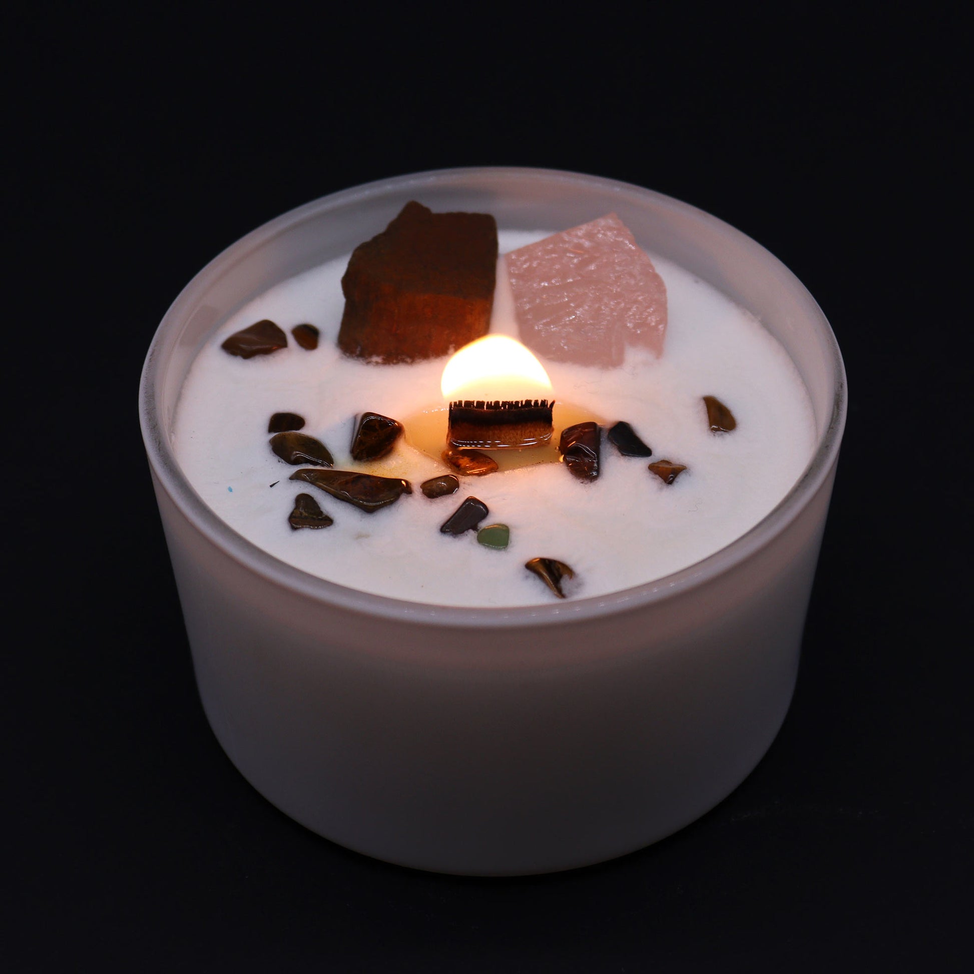 Sacral Chakra crystal candle with Tiger Eye, Rose Quartz, and Invoking Dreams scent
