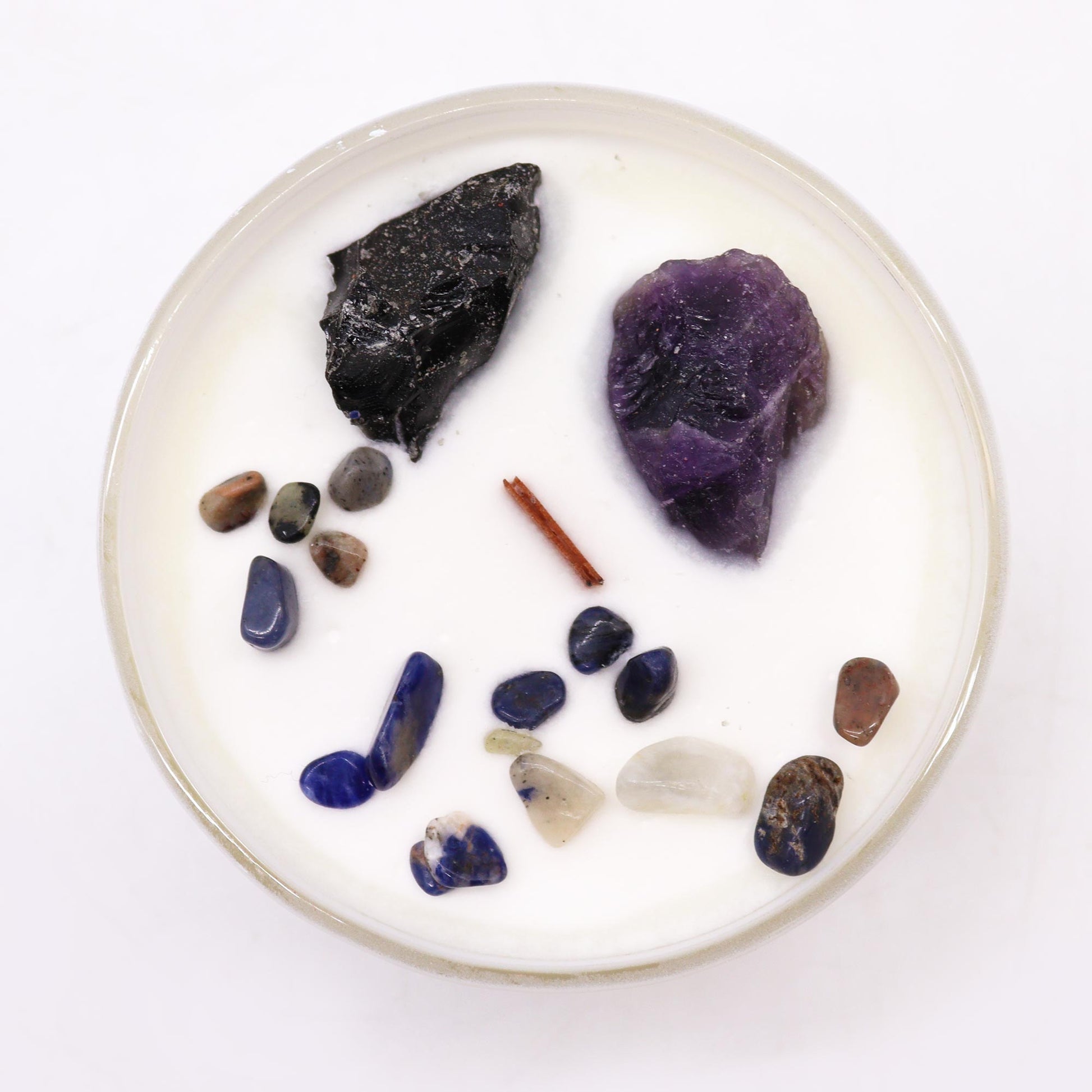 Solar Plexus Chakra crystal candle with Amethyst, Black Agate, and Deep in the Forest scent
