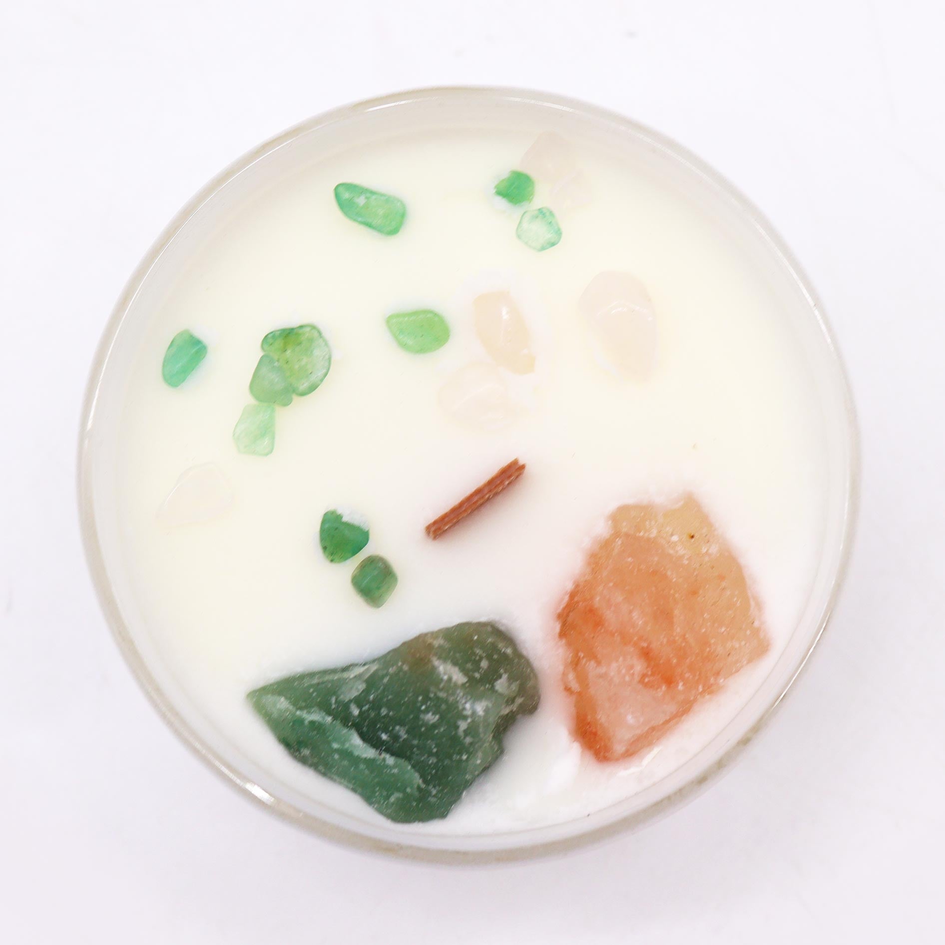 Heart Chakra crystal candle with Rose Quartz, Crystal Jade, and Rose Musk scent
