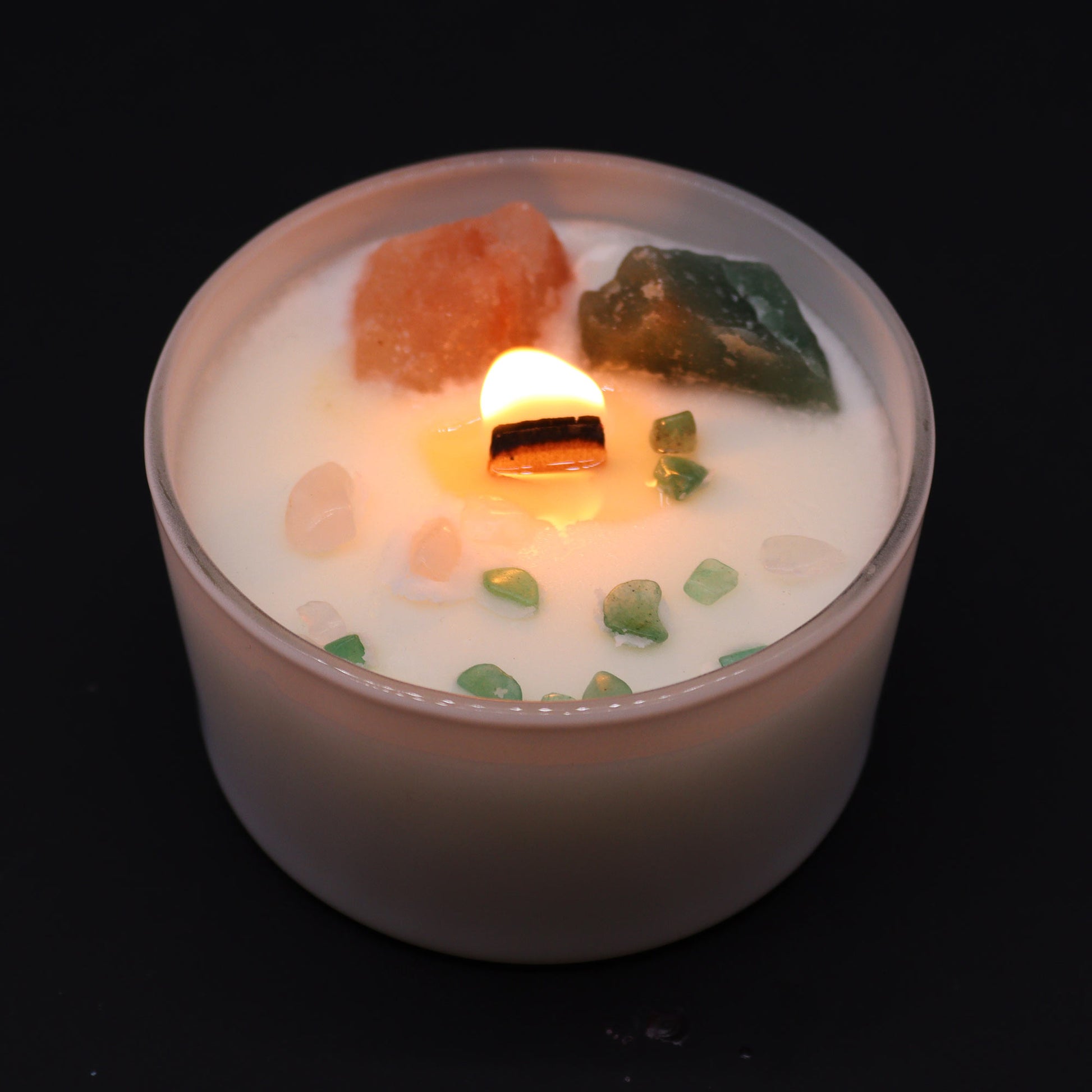 Heart Chakra crystal candle with Rose Quartz, Crystal Jade, and Rose Musk scent
