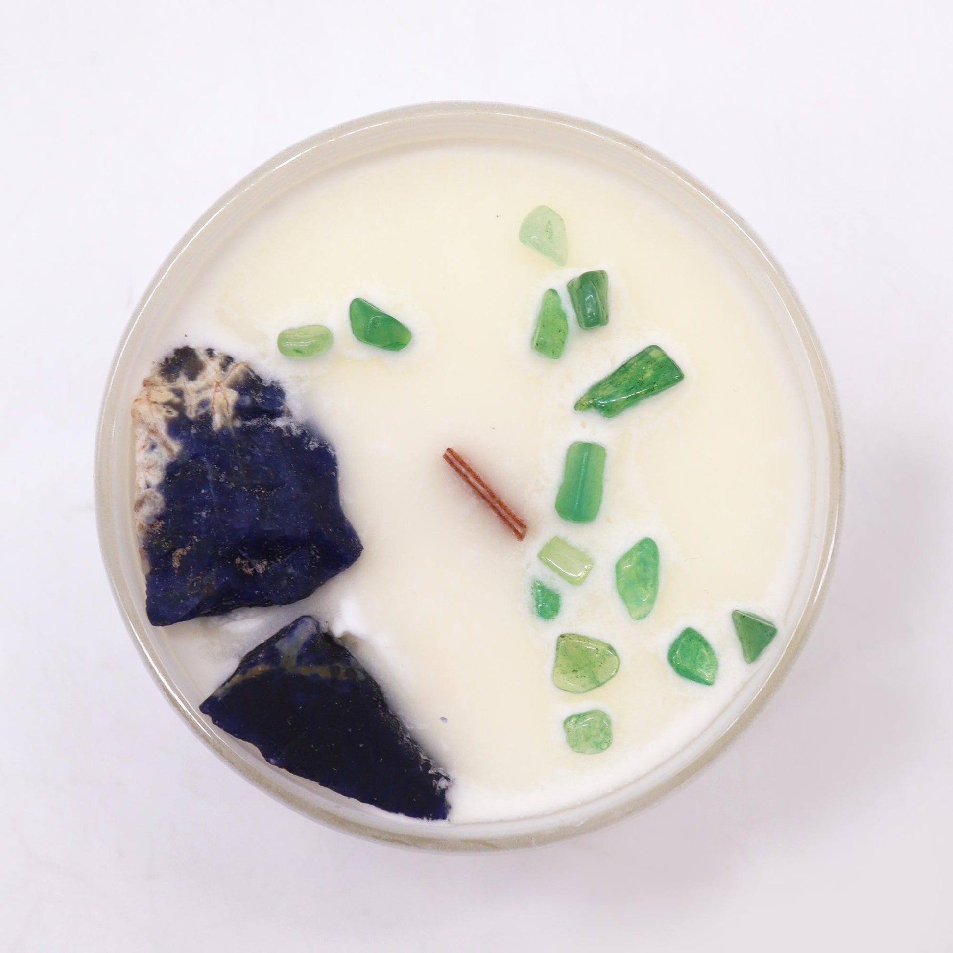 Throat Chakra crystal candle with Sodalite, Jade Chips, and Gentle Reasons scent
