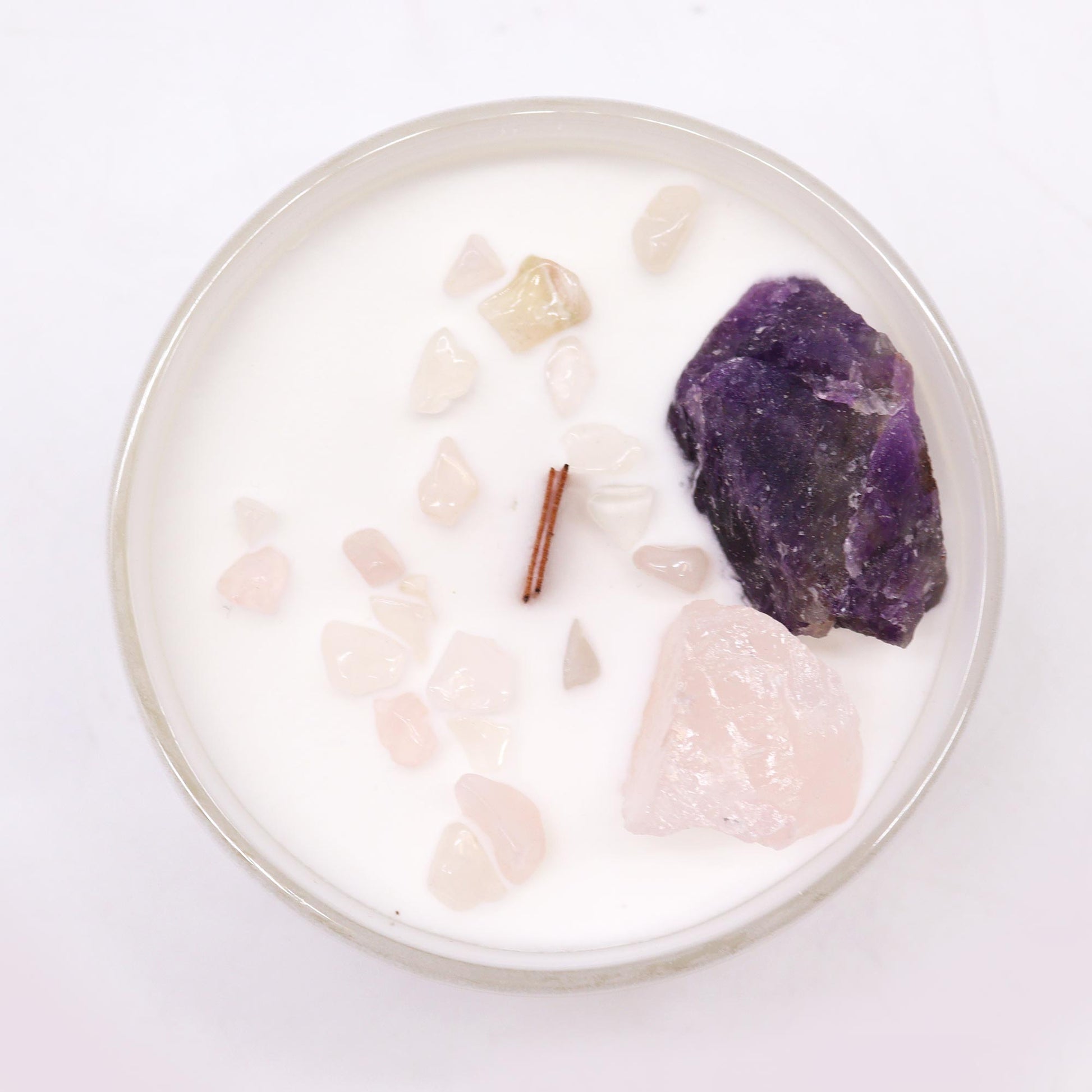 Third Eye Chakra crystal candle with Amethyst, Rose Quartz, and Sweet Crystal Truth scent
