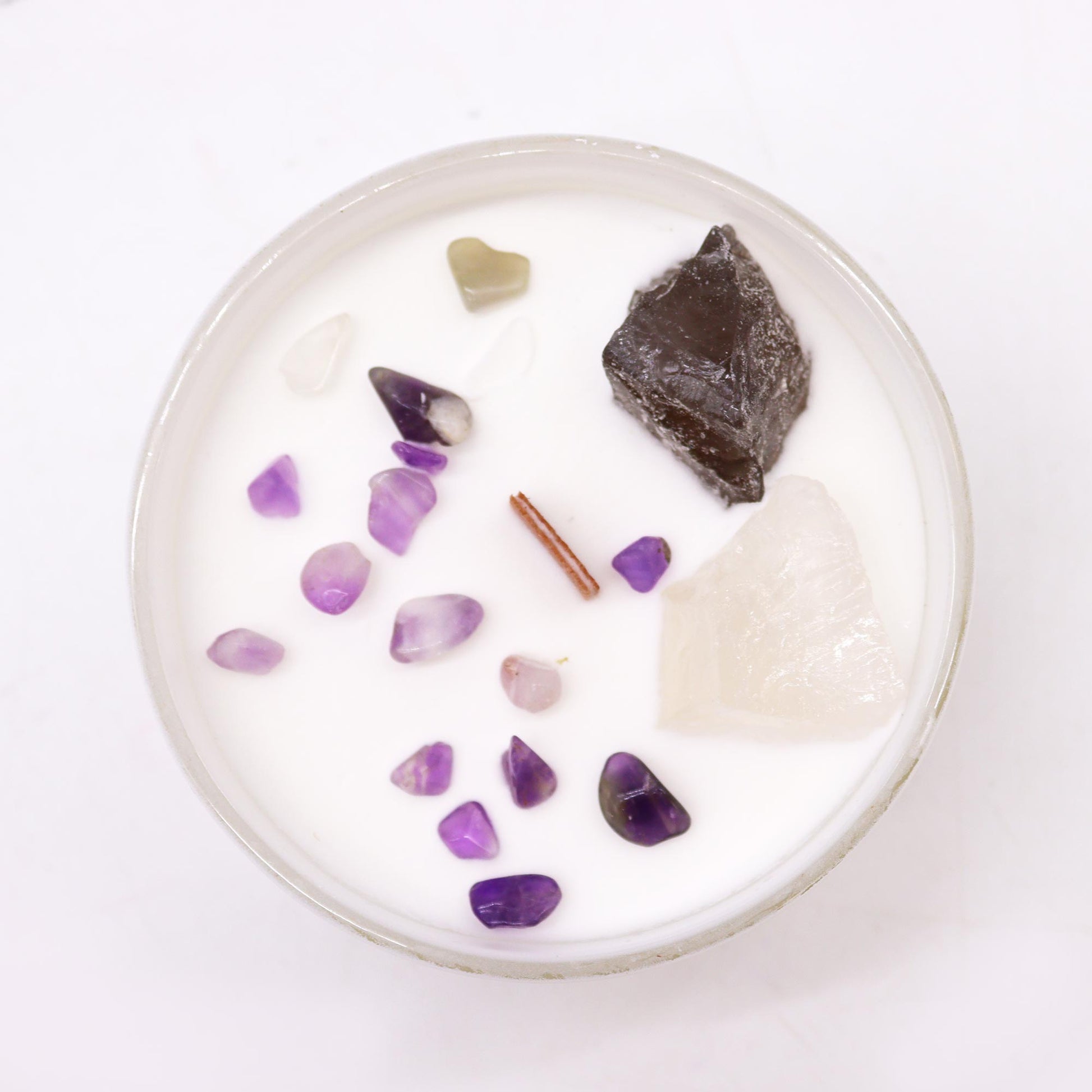 Crown Chakra crystal candle with Celestite, Selenite, and Ocean Breeze scent
