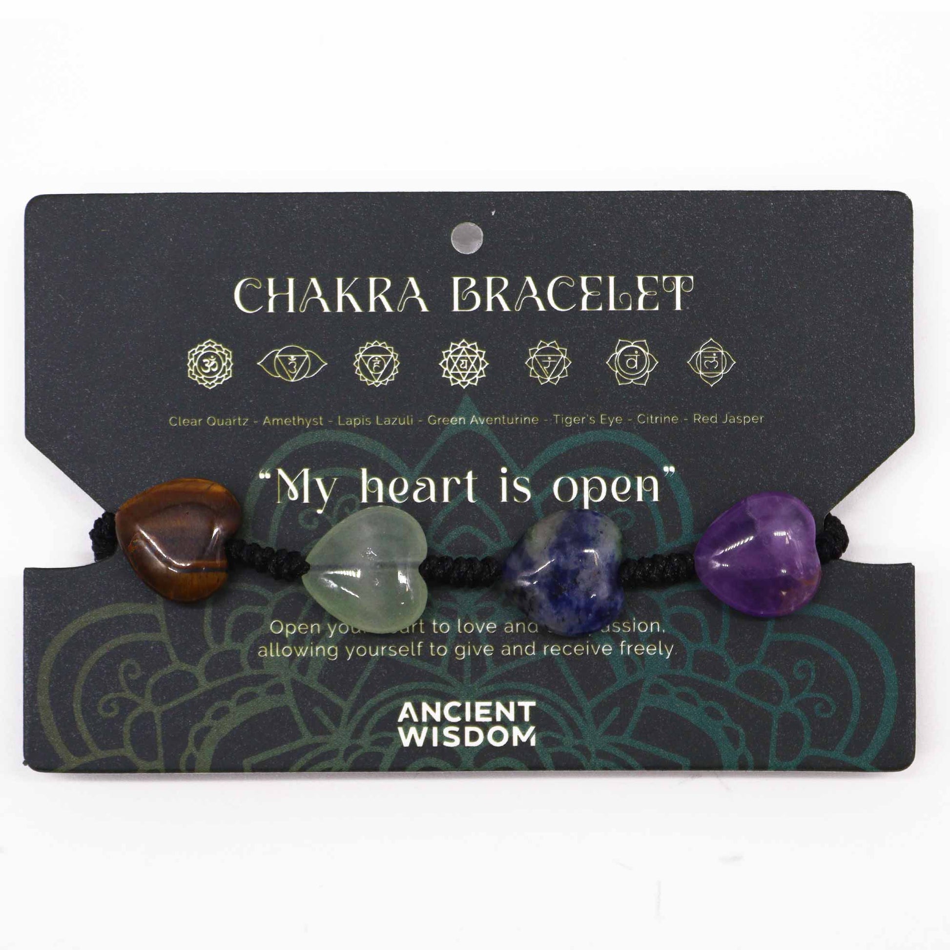 Chakra string bracelet with gemstone beads and “My heart is open” affirmation on adjustable cotton cord.

