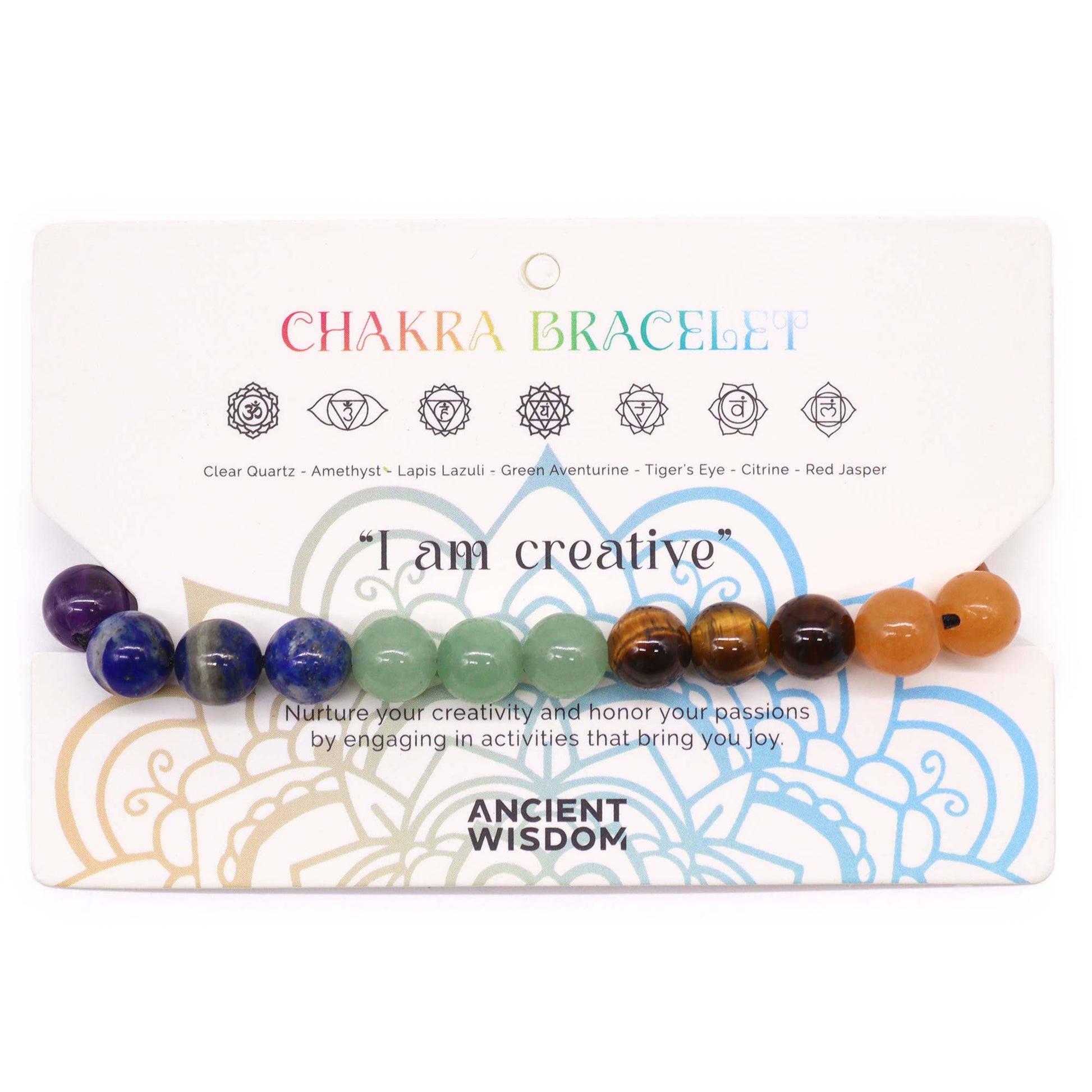 Chakra string bracelet with 21 gemstone beads and "I am creative" affirmation on an adjustable cotton cord.

