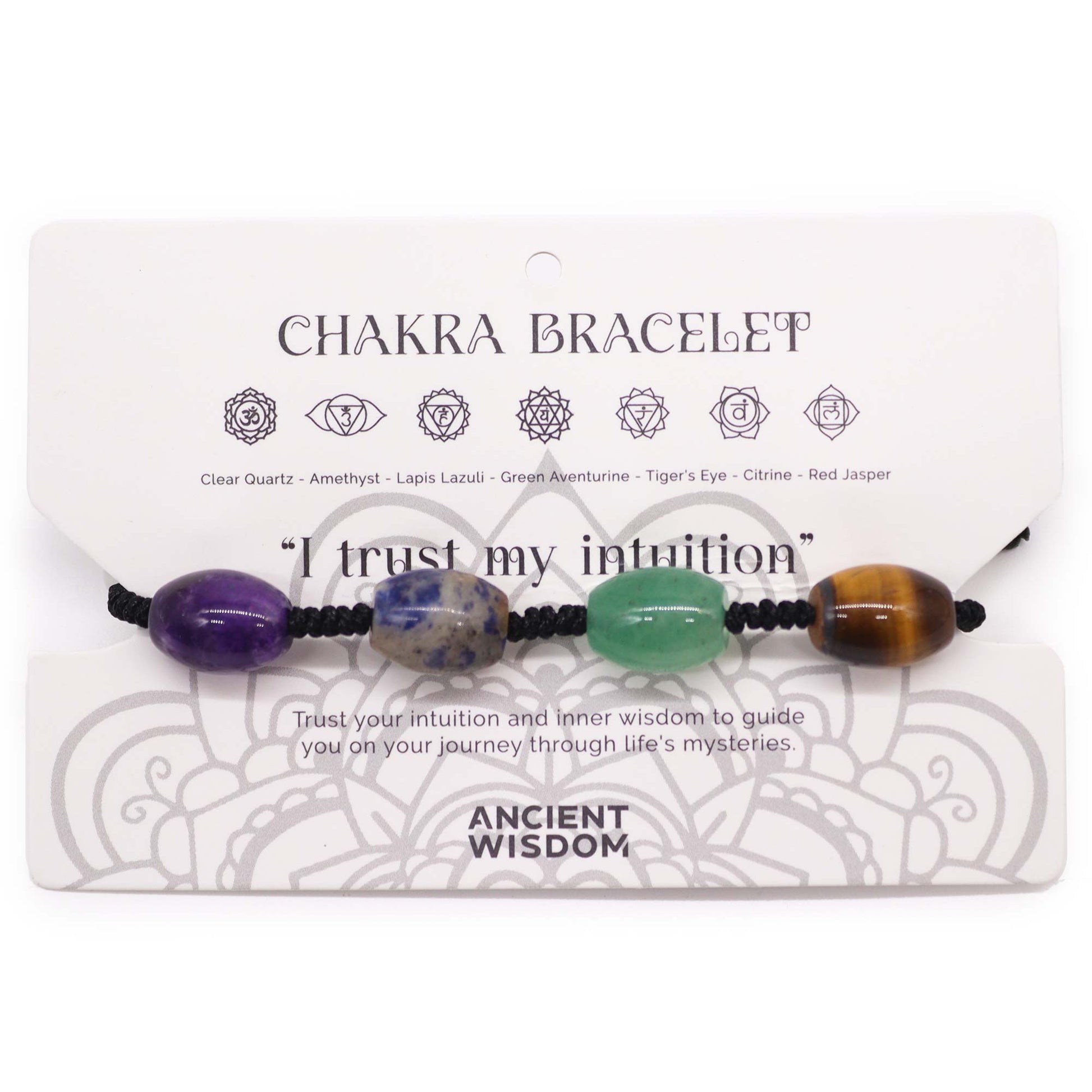 Chakra string bracelet with gemstone beads and "I trust my intuition" affirmation on an adjustable cotton cord.

