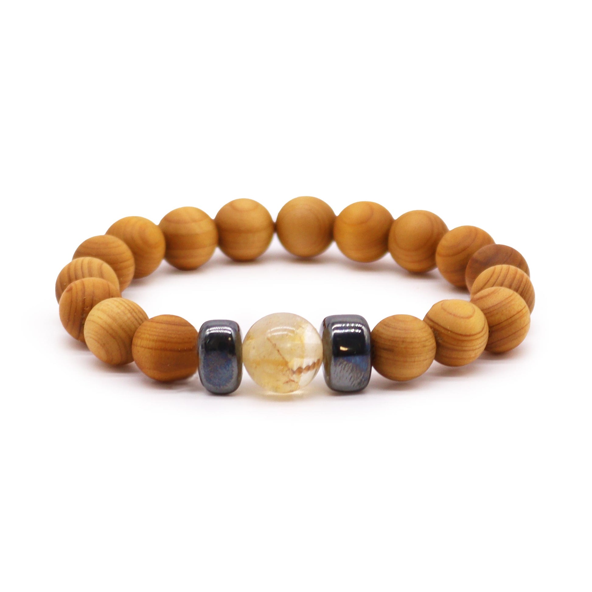 Cedarwood Chakra Bracelet with Citrine for Solar Plexus Chakra, promoting confidence, vitality, and emotional warmth with natural aroma.


