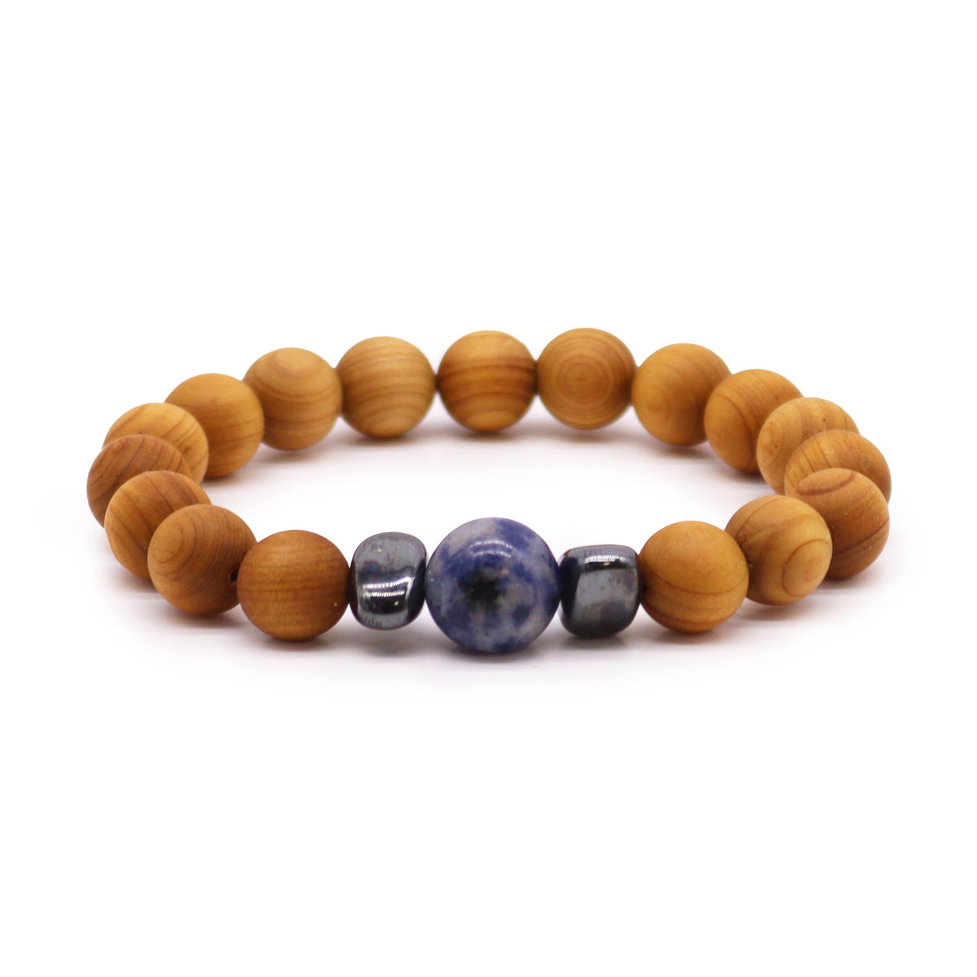 Cedarwood Chakra Bracelet with Sodalite gemstone for Throat Chakra, enhancing communication, clarity, and calm with grounding aroma.

