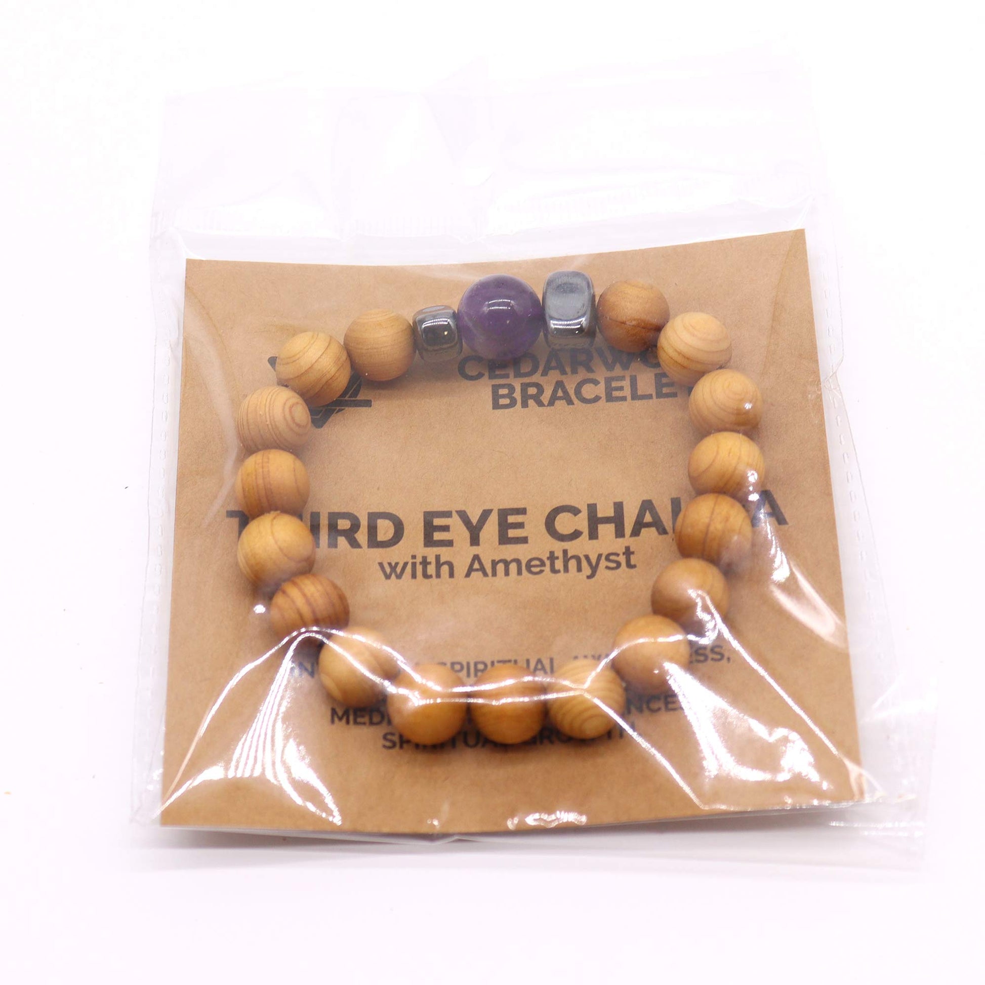 Cedarwood Chakra Bracelet with Amethyst gemstone for Third Eye Chakra, supporting intuition and clarity with a calming natural aroma.
