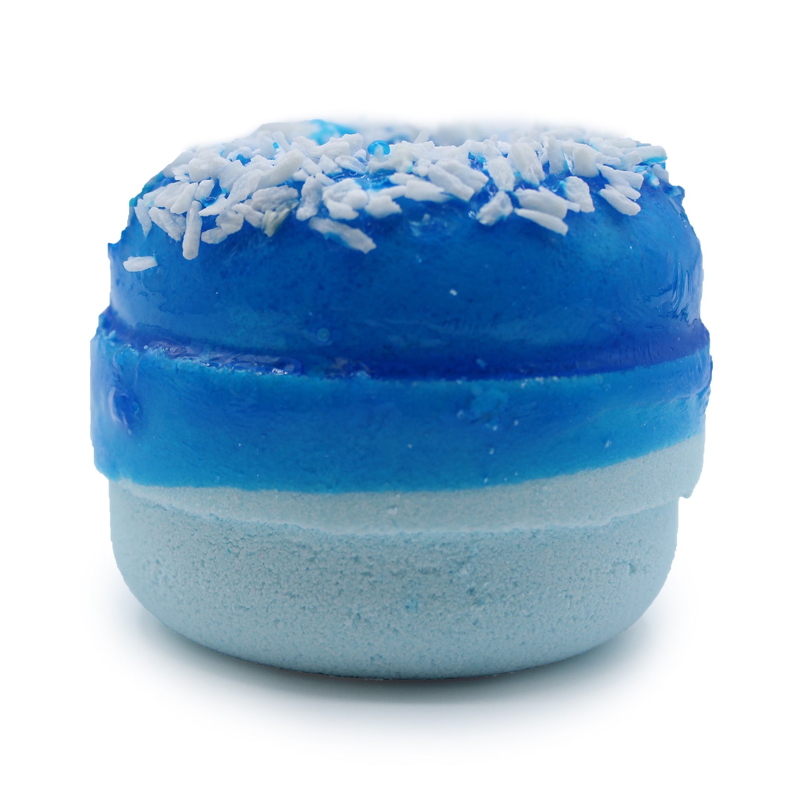 Luxury Donut Bath Bomb – Blueberry with sprinkle topper and fruity scent, handcrafted with coconut oil for a fun, skin-softening soak.

