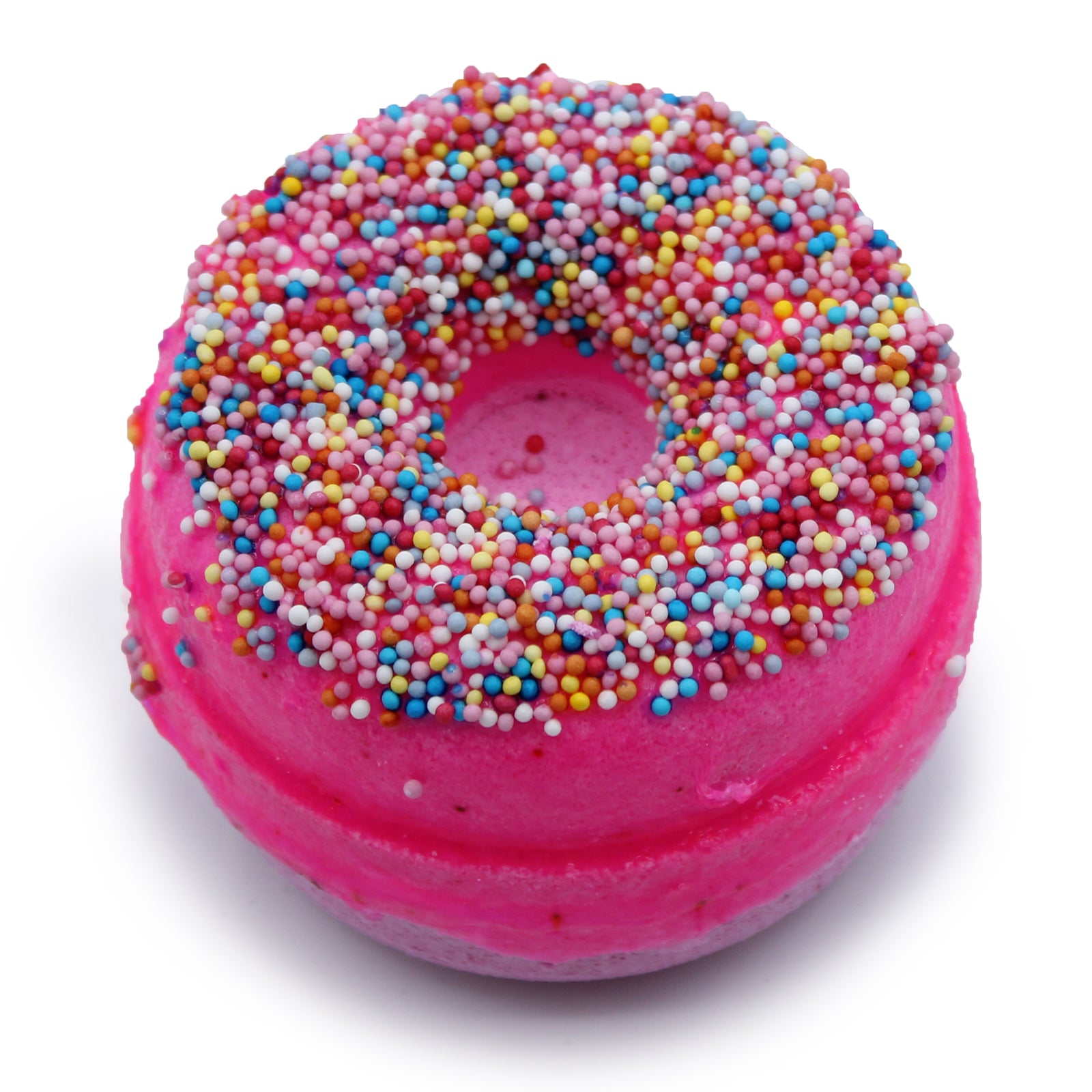 Luxury Donut Bath Bomb – Raspberry with berry fragrance, sprinkle topper, and skin-softening coconut oil.

