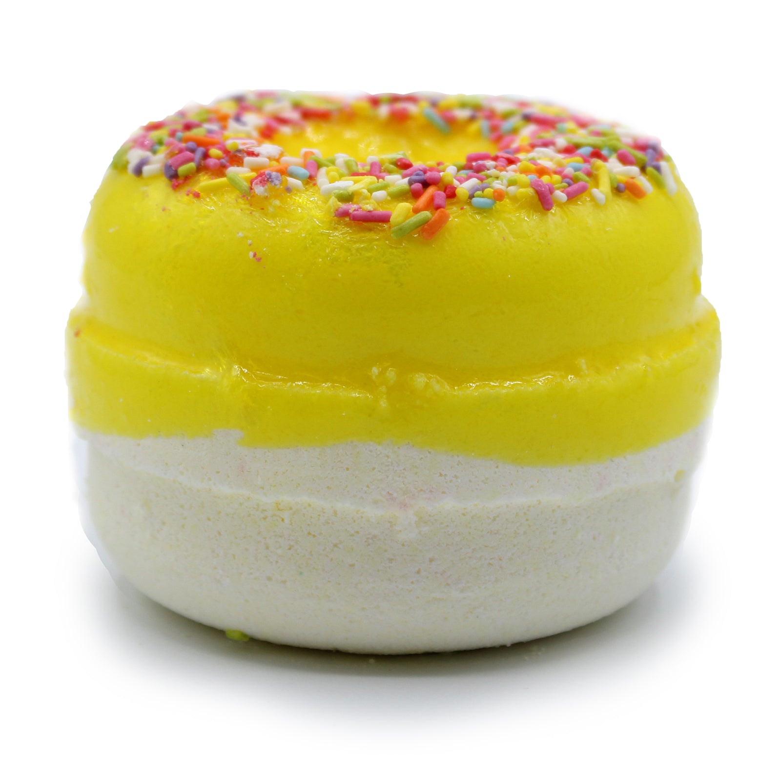 Luxury Donut Bath Bomb – Lemon Meringue with zesty citrus scent, sprinkle topper, and skin-softening coconut oil.


