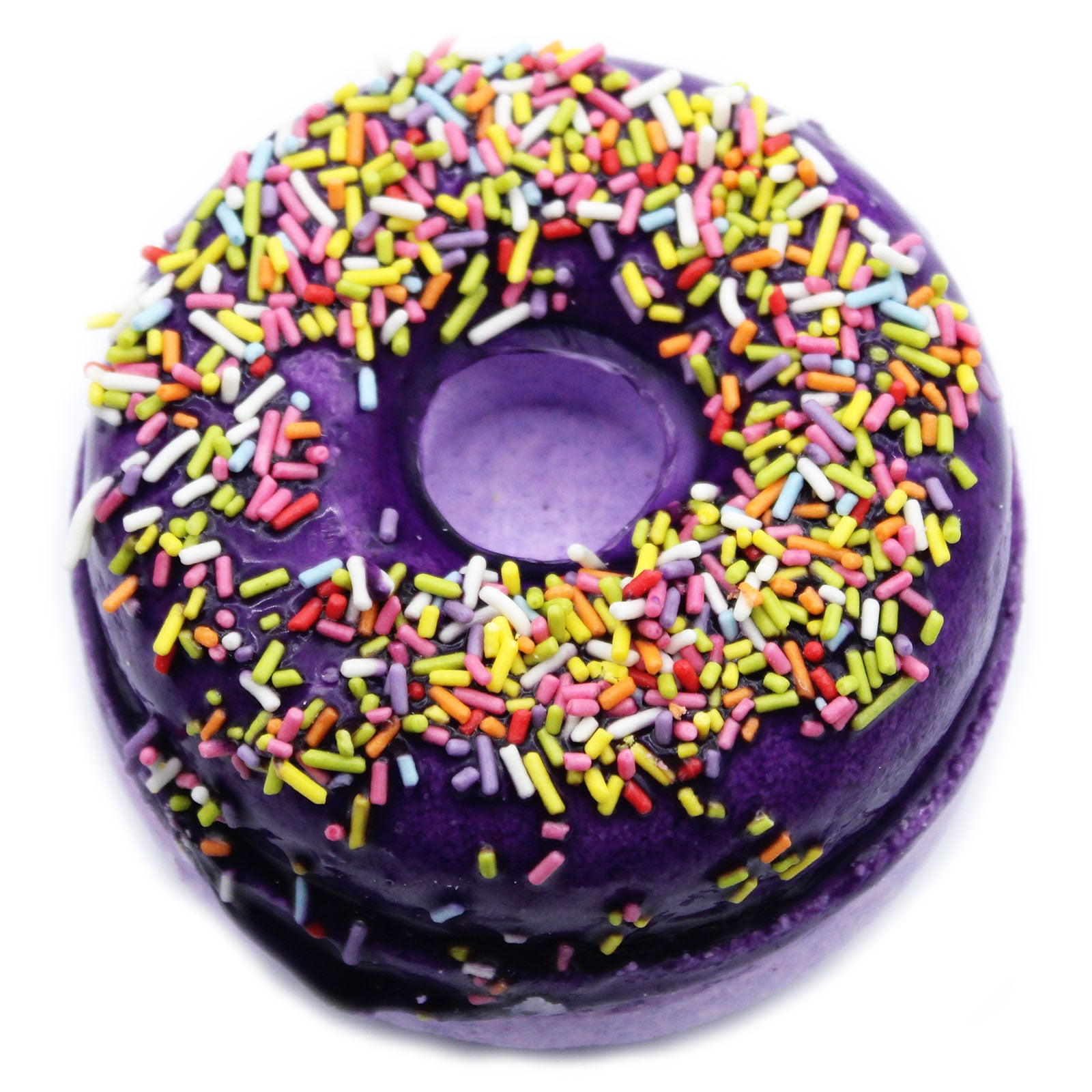 Luxury Donut Bath Bomb – Blackberry & Almond with fruity nut scent, colourful sprinkles, and nourishing coconut oil.

