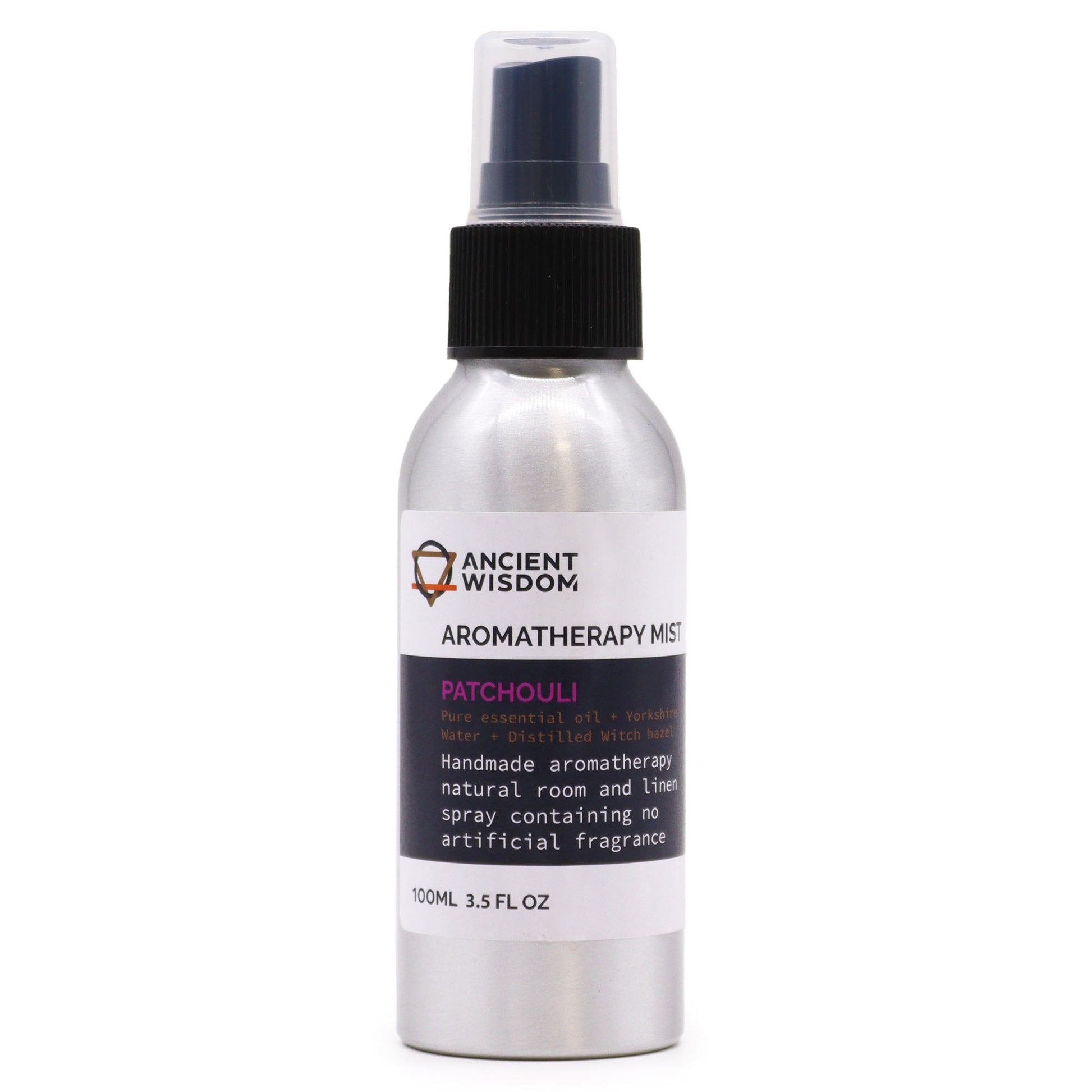 100ml patchouli essential oil room spray in aluminium bottle, ideal for grounding and calm

