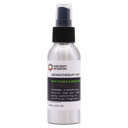100ml May Chang and Bergamot essential oil room spray in aluminium bottle with uplifting citrus scent

