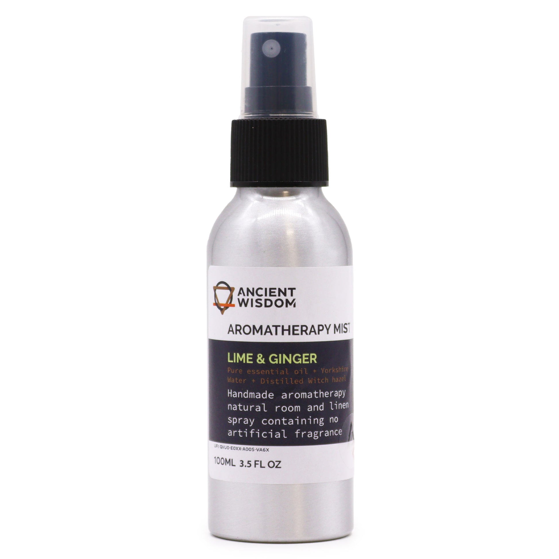 100ml essential oil room spray in aluminium bottle with lime and ginger fragrance for freshness

