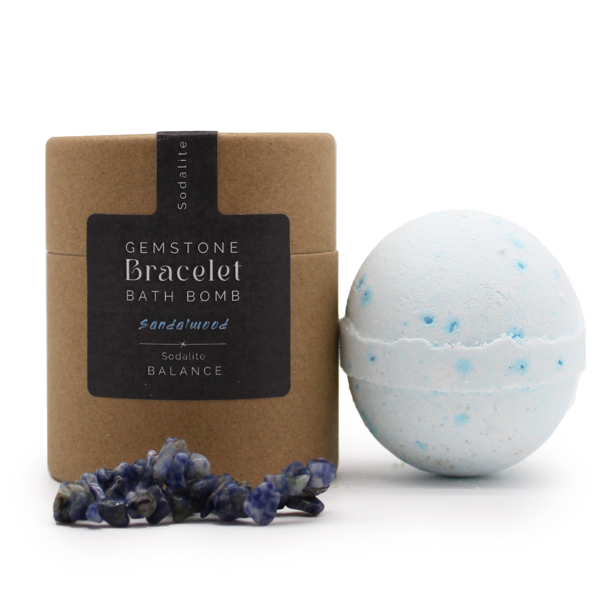 Sodalite gemstone bracelet bath bomb with sandalwood scent, handcrafted and rich in calming aromatherapy.

