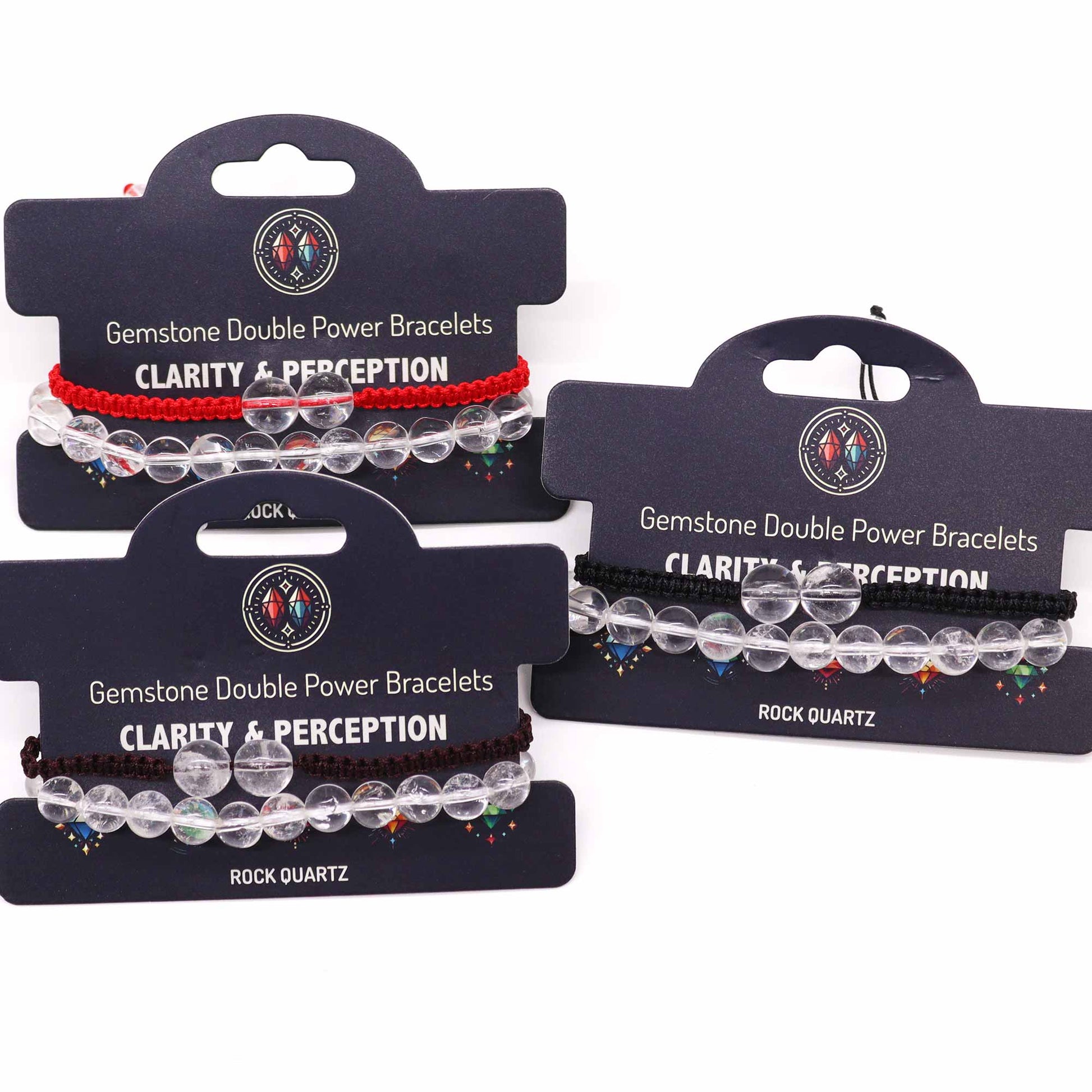 Rock Quartz gemstone bracelet with two large beads and “Clarity and perception” affirmation on elastic cord.

