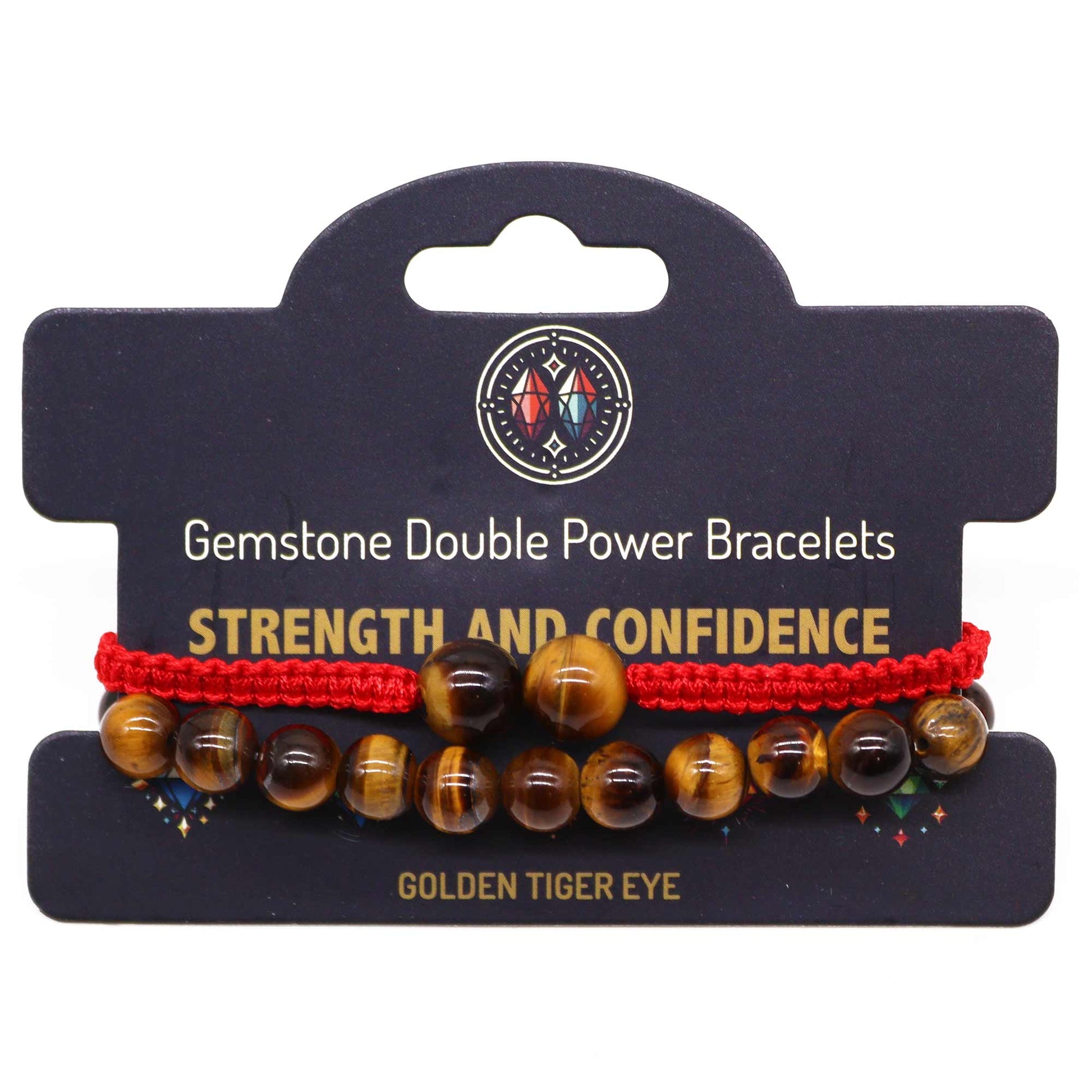 Tiger’s Eye gemstone bracelet with two large beads and “Strength and confidence” affirmation on elastic cord.

