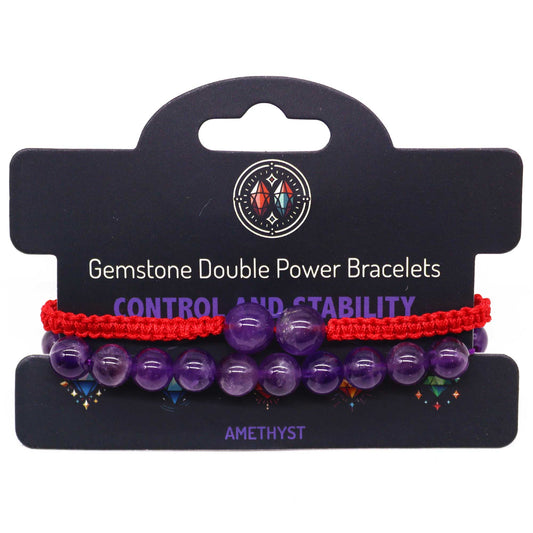 Amethyst gemstone bracelet with two large beads and “Control and stability” affirmation on adjustable elastic cord.

