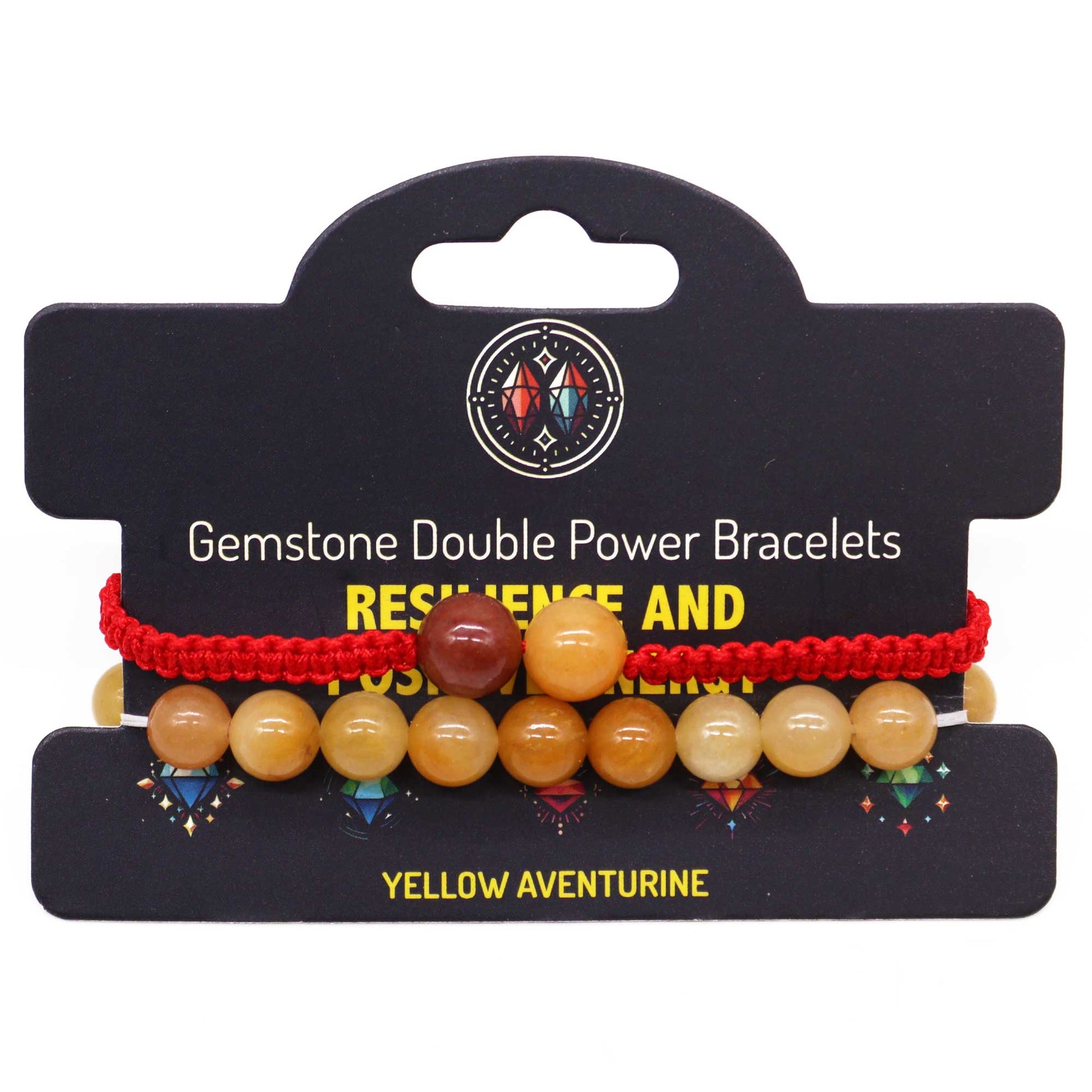 Gemstone bracelet with Yellow Aventurine beads and “Resilience and positive energy” affirmation on elastic cord.

