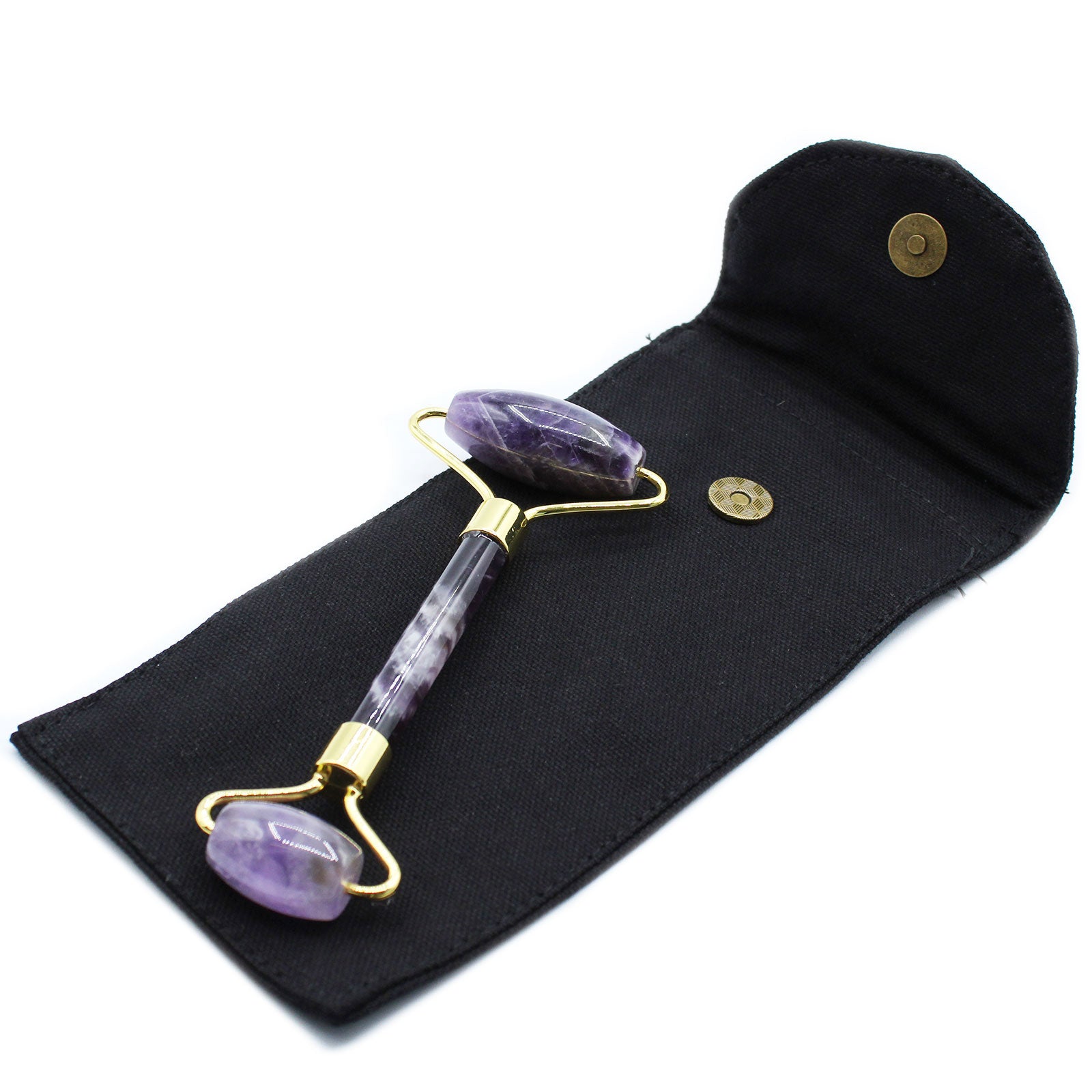 Amethyst crystal face roller with calming energy, ideal for facial massage and spiritual skincare.

