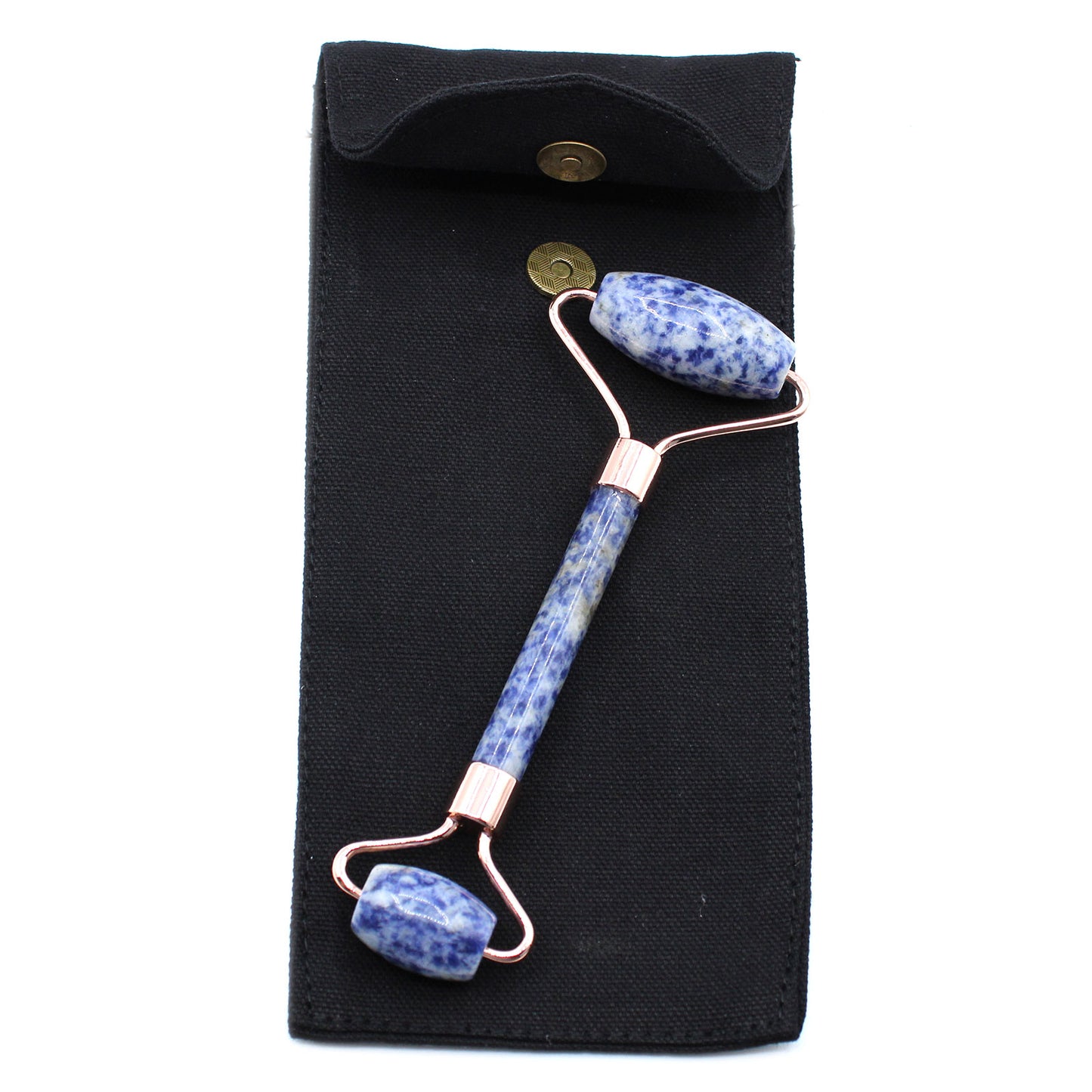 Sodalite crystal face roller with calming blue stone for skin clarity and facial massage.

