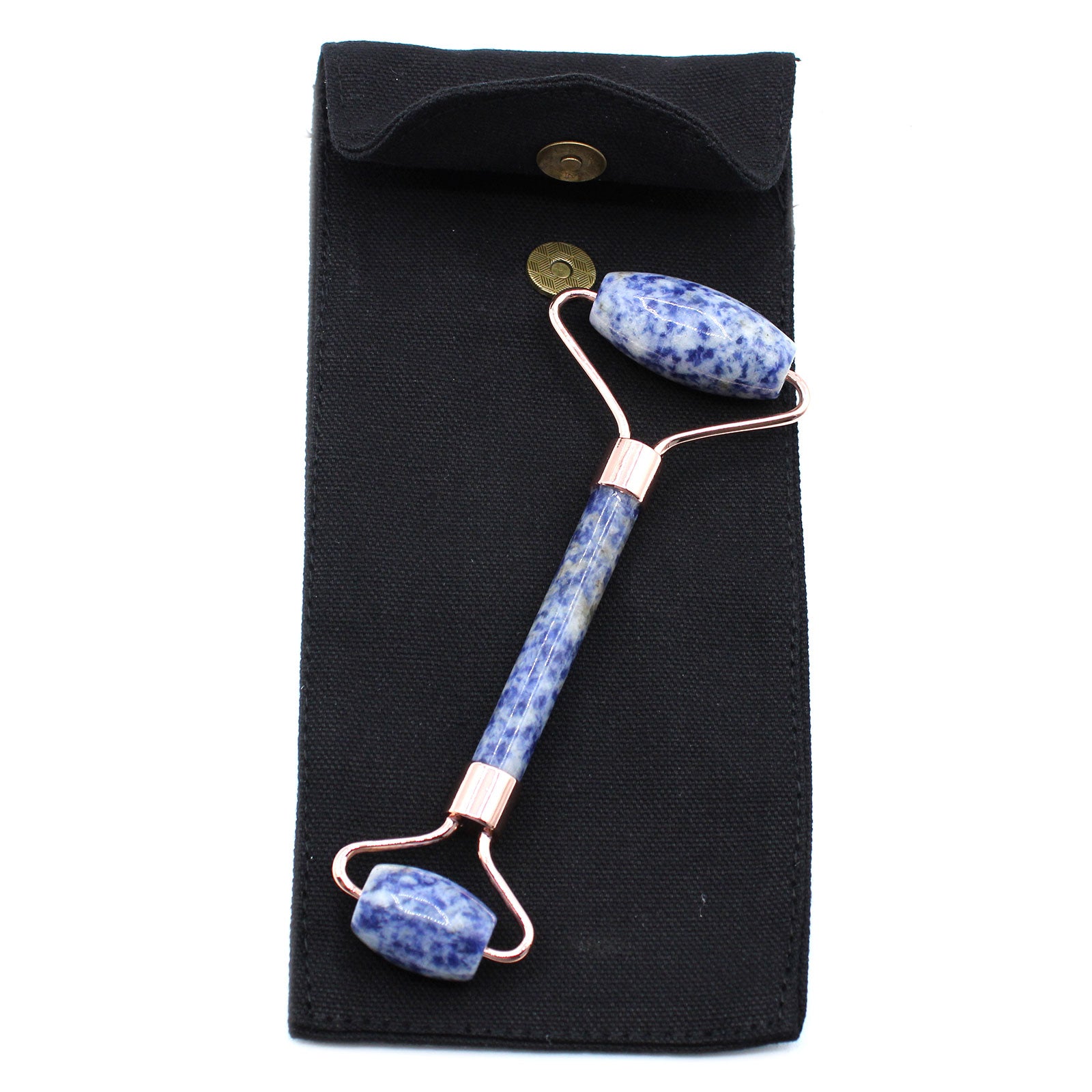 Sodalite crystal face roller with calming blue stone for skin clarity and facial massage.

