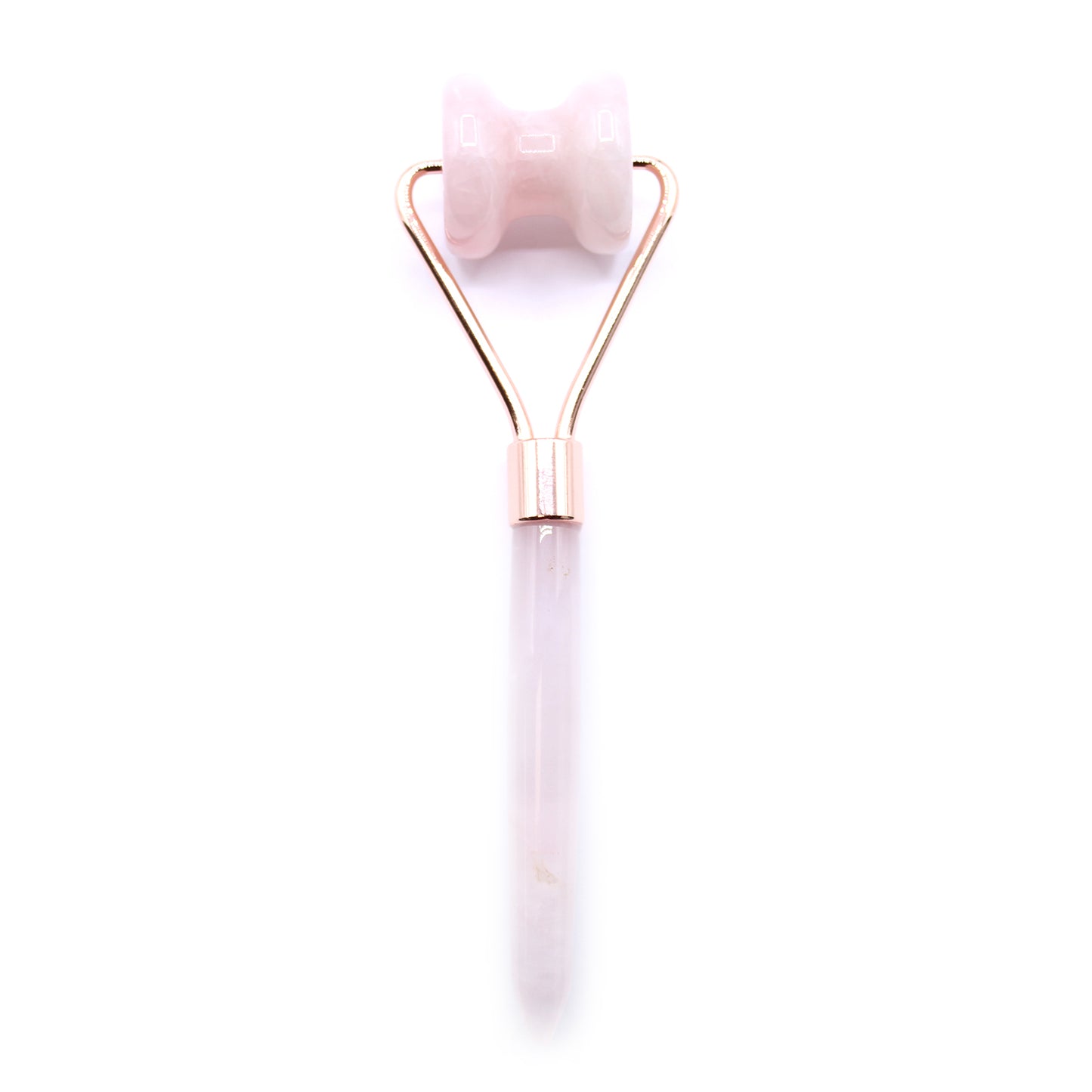 Rose Quartz crystal jawline roller with contoured head for facial sculpting and self-love.

