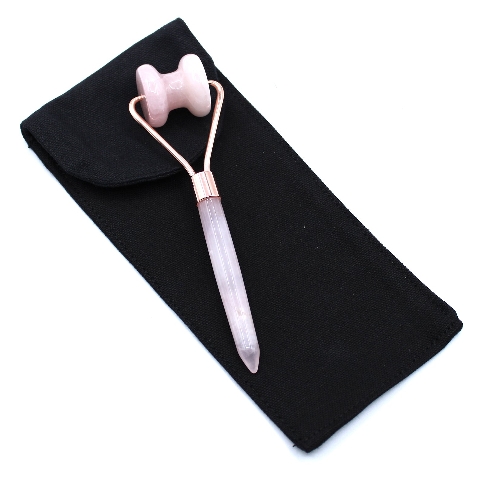 Rose Quartz crystal jawline roller with contoured head for facial sculpting and self-love.


