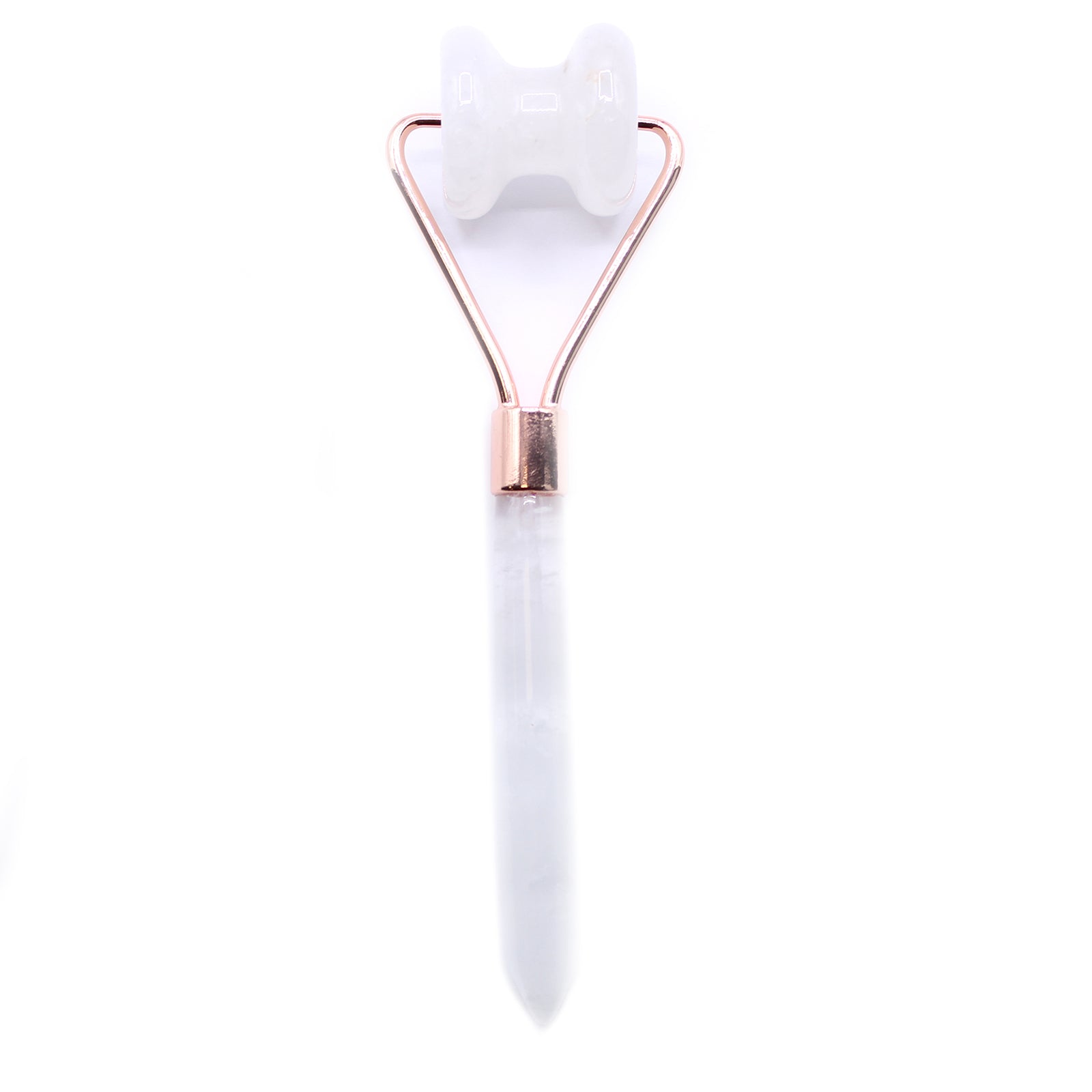Rock Quartz jawline roller with contoured design for skin clarity and facial toning.

