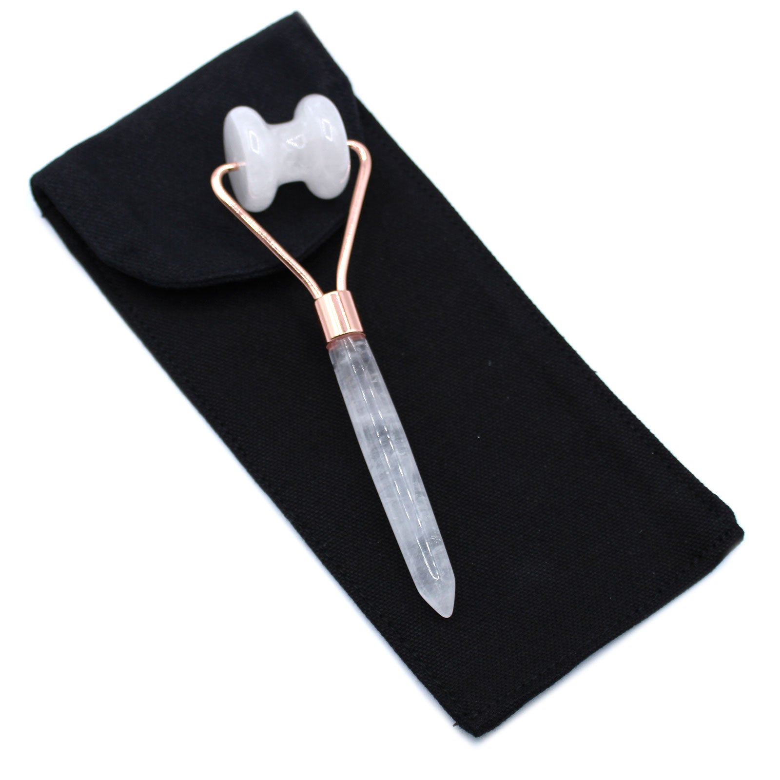 Rock Quartz jawline roller with contoured design for skin clarity and facial toning.


