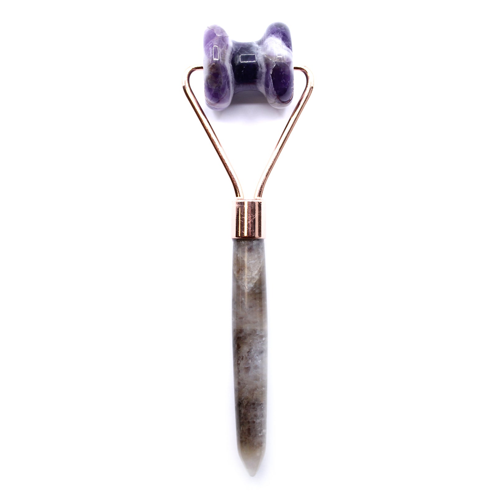 Amethyst crystal jawline roller with curved design for calming, targeted facial massage.

