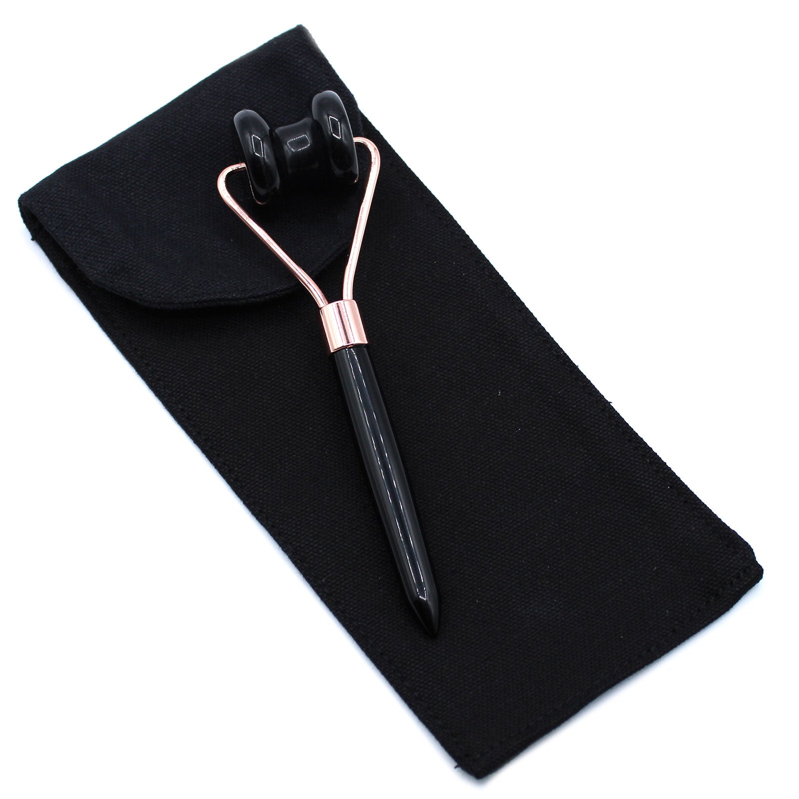 Black Obsidian jawline roller with curved head for detoxifying and sculpting facial massage.

