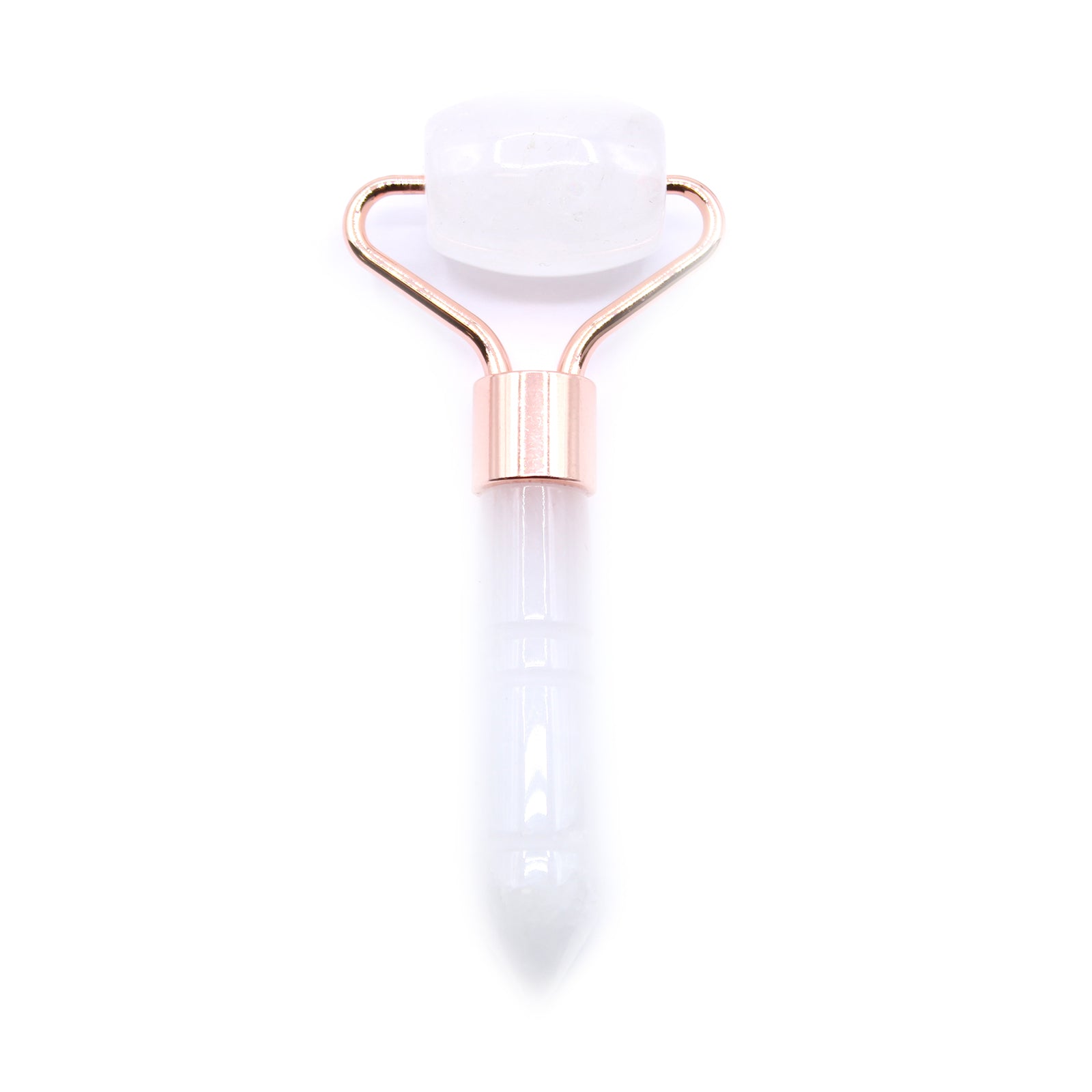 Rock Quartz mini roller for under-eye puffiness and portable crystal skincare.

