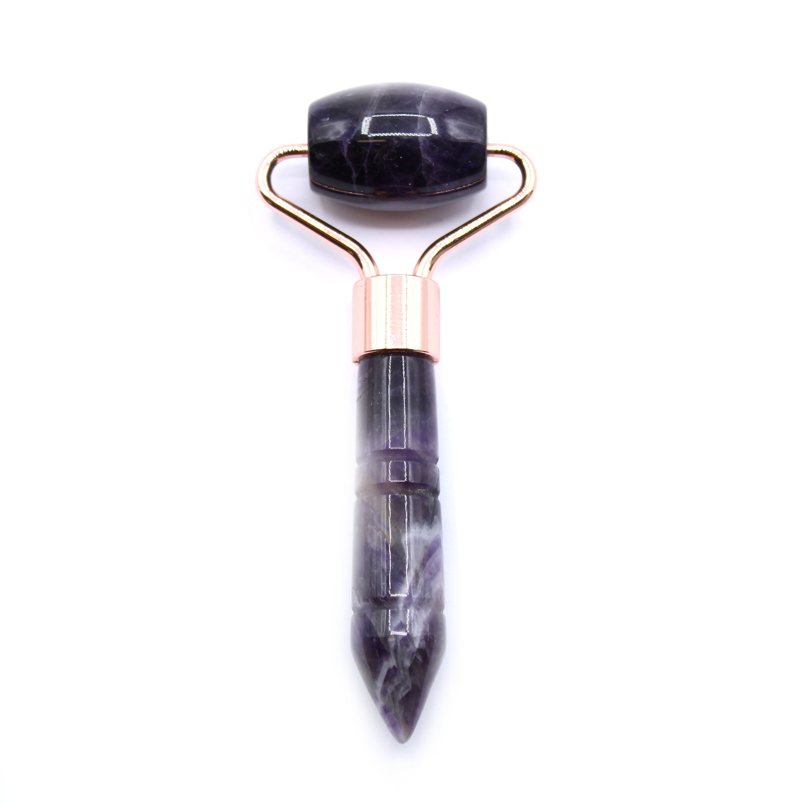 Amethyst mini roller for facial calm and under-eye stress relief with a cooling touch.

