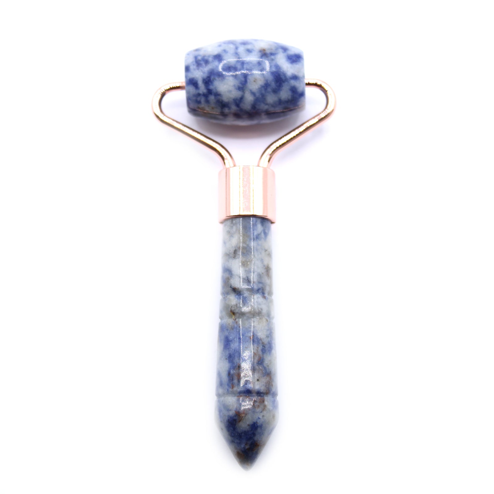 Sodalite mini roller in deep blue crystal for facial relaxation and spiritual calm.

