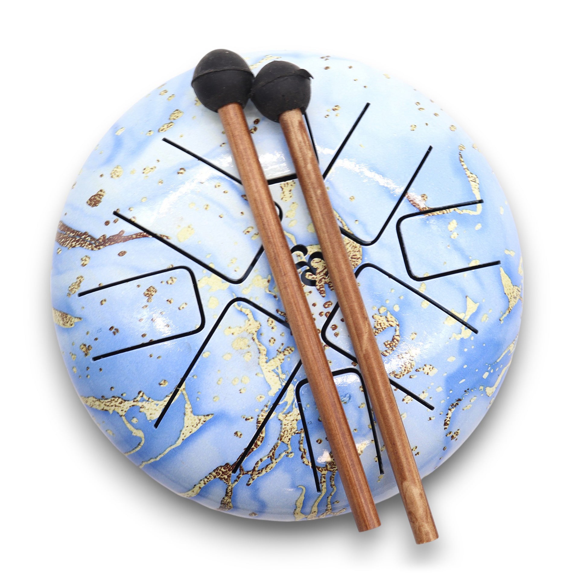 Steel tongue drum with sky blue and gold marbled finish, Om symbol at centre – 18cm, 8-note with wooden mallets for sound healing and meditation.

