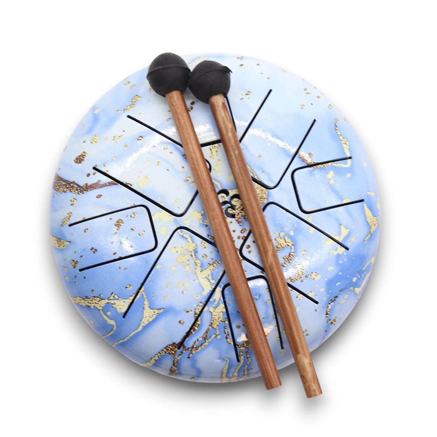 Steel tongue drum with sky blue and gold marbled finish, Om symbol at centre – 18cm, 8-note with wooden mallets for sound healing and meditation.

