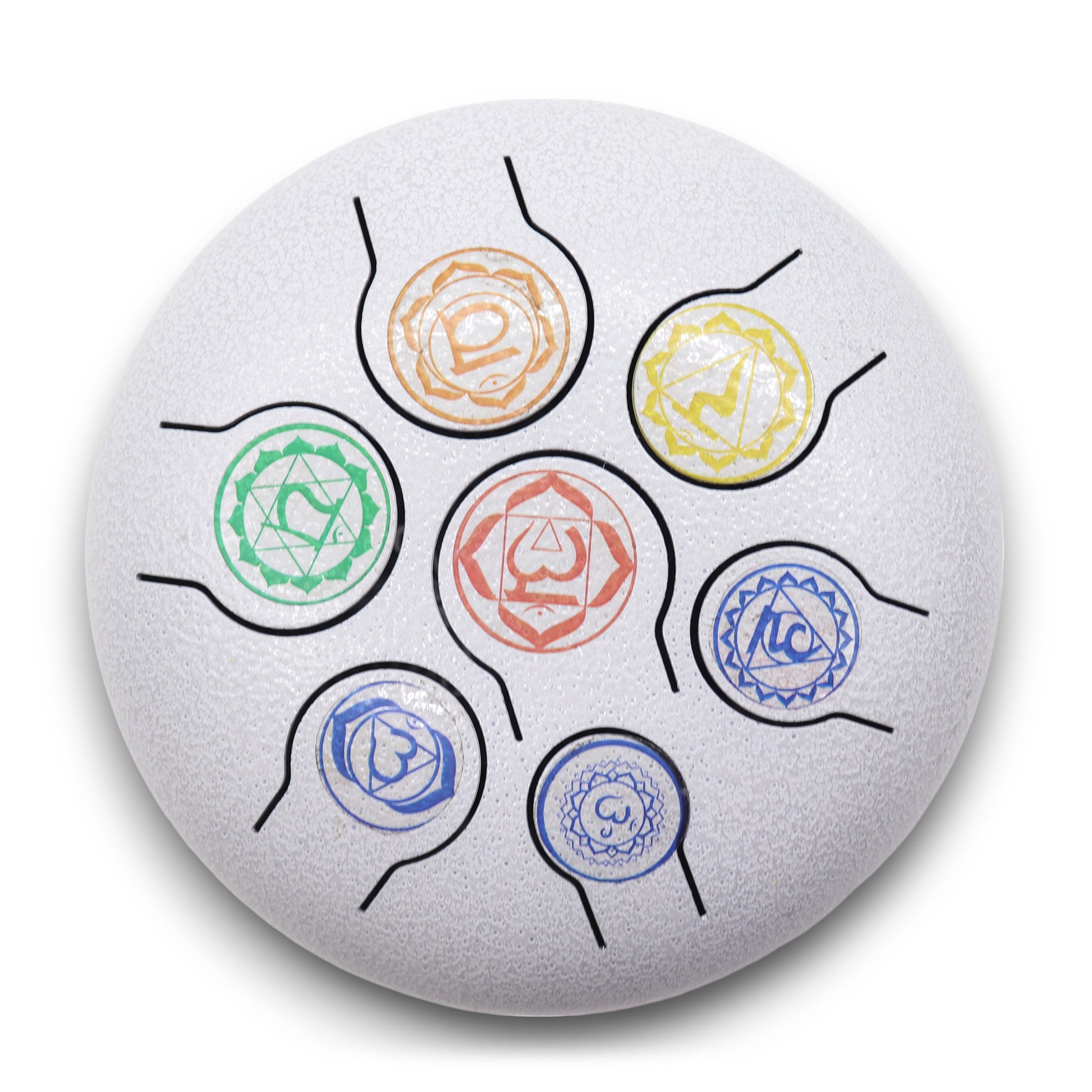 Steel tongue drum with 7 chakra symbols on white finish – 18cm, 8-note layout with wooden mallets for meditation and healing.

