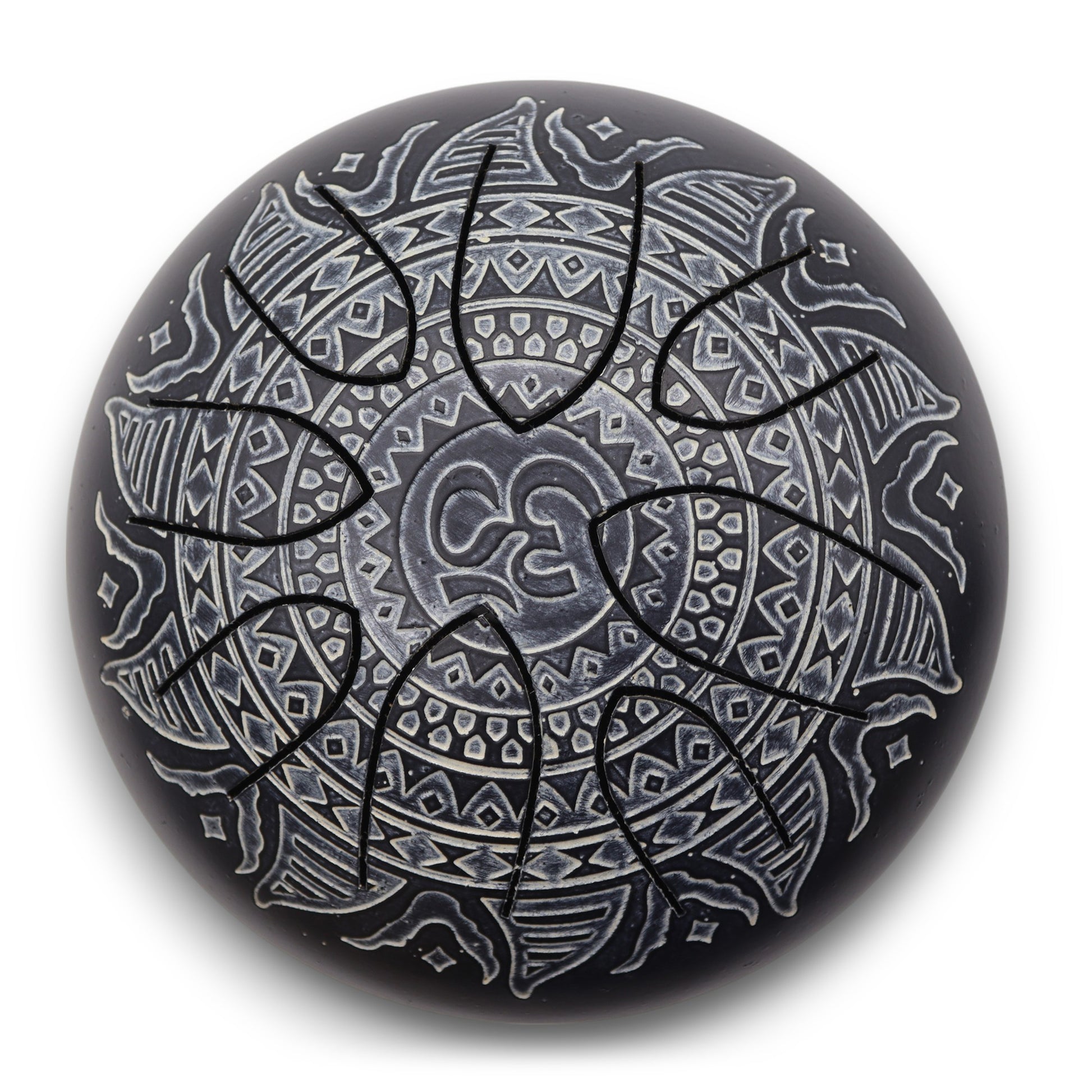 Steel tongue drum in black with engraved Om mandala design – 16cm, 8-note layout with mallets for meditation and sound healing.

