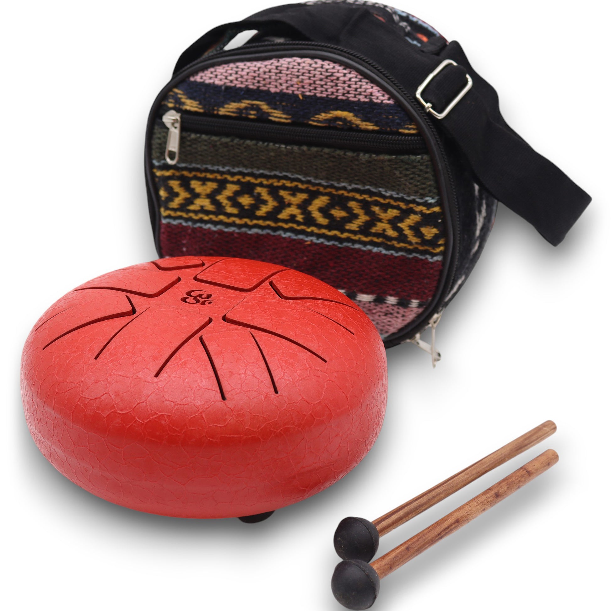 Steel Tongue Drum – Small in red with Om symbol and mallets (16cm)

