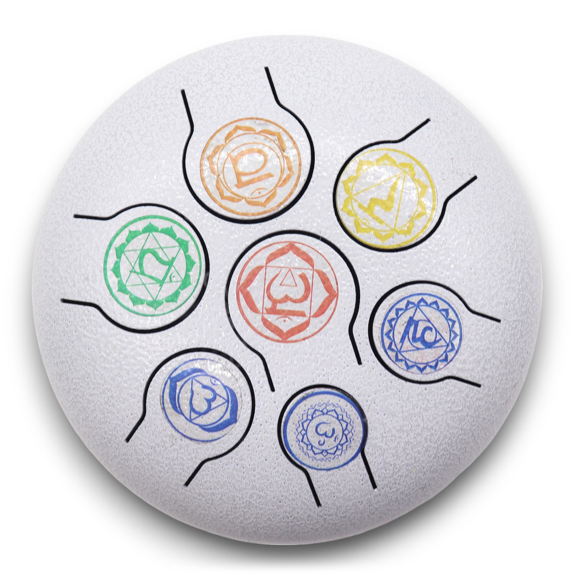 Steel Tongue Drum – Medium 7 Chakra design with coloured symbols, mallets included (17x13cm)

